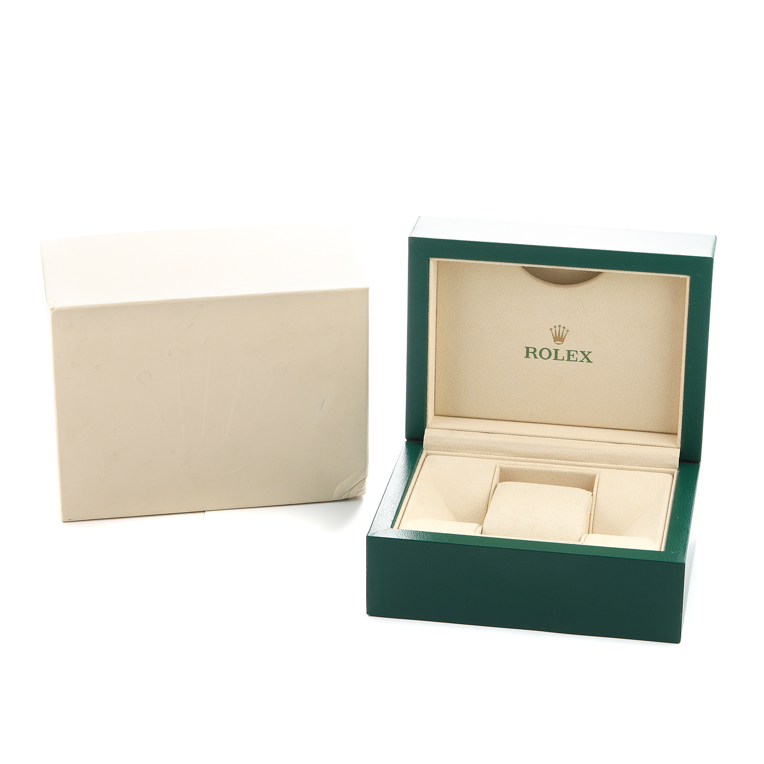 The image shows an open green Rolex watch box for a Mid-Size model, displaying the interior with a cushion, alongside its outer box.