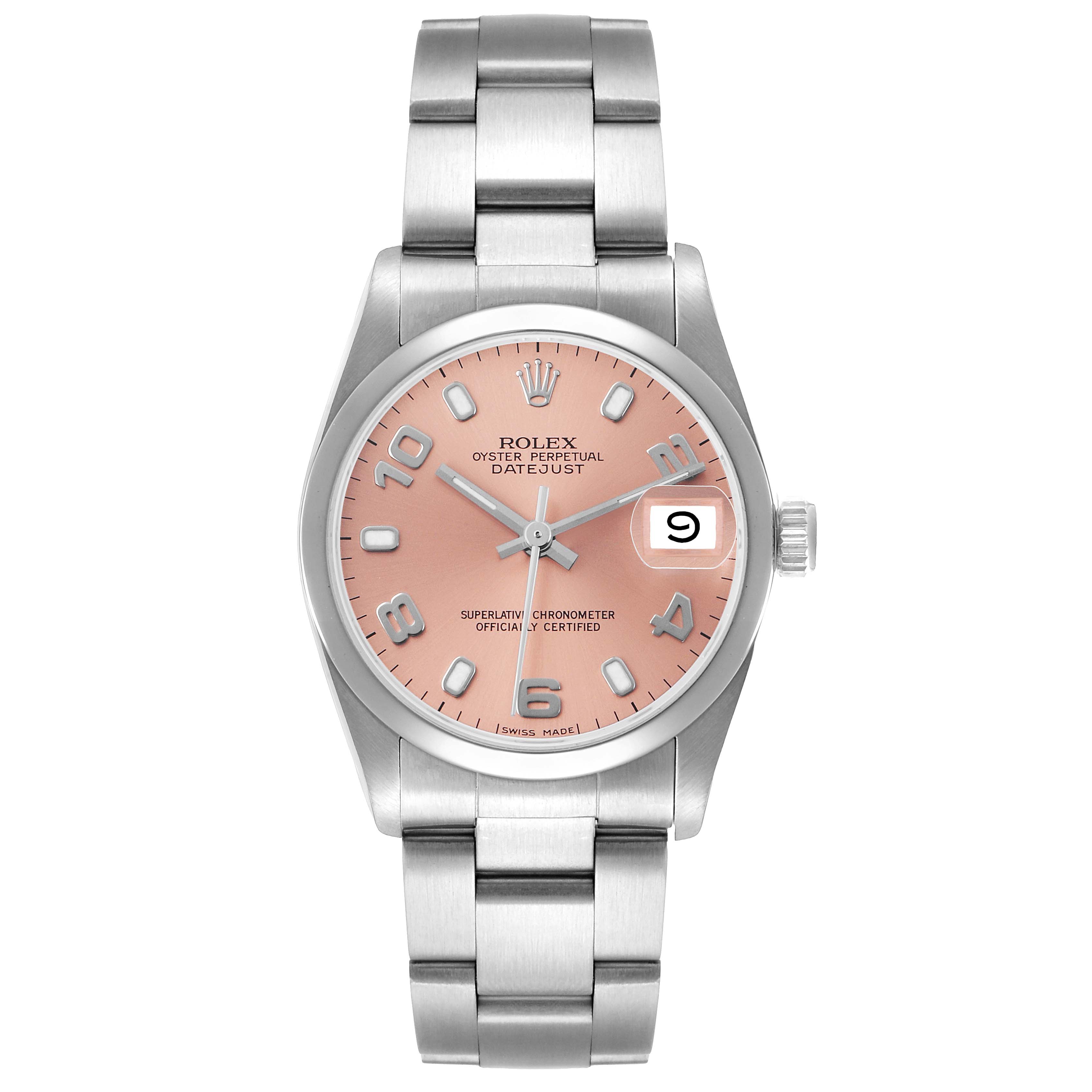 The Rolex Datejust 68240 Women's Stainless Steel Pink Dial watch is shown from a front angle, displaying the dial, bezel, bracelet, and crown.