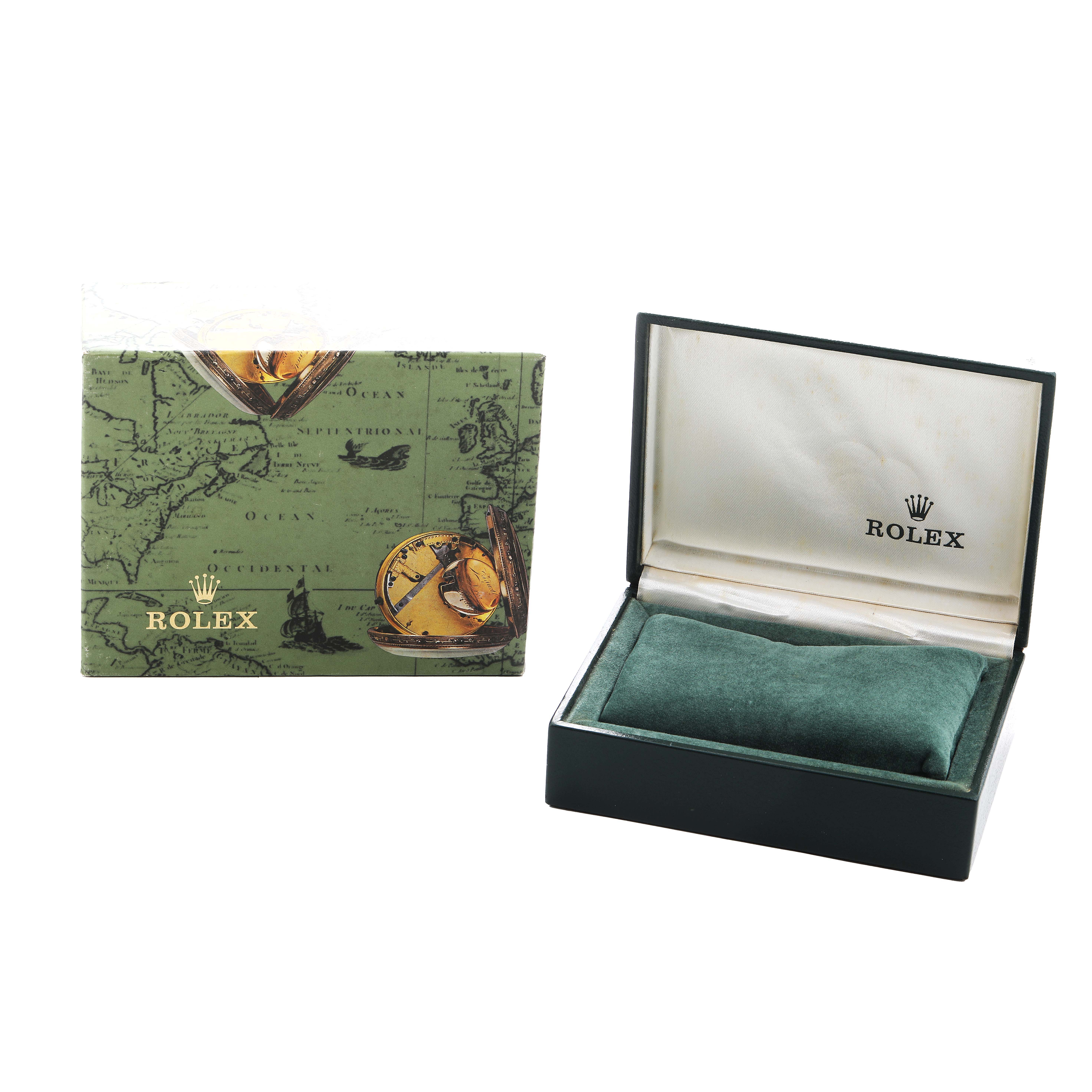 The image shows a Rolex Datejust 68240 Women's Stainless Steel Pink Dial box and cushion, with an external map-themed packaging, viewed from the front.