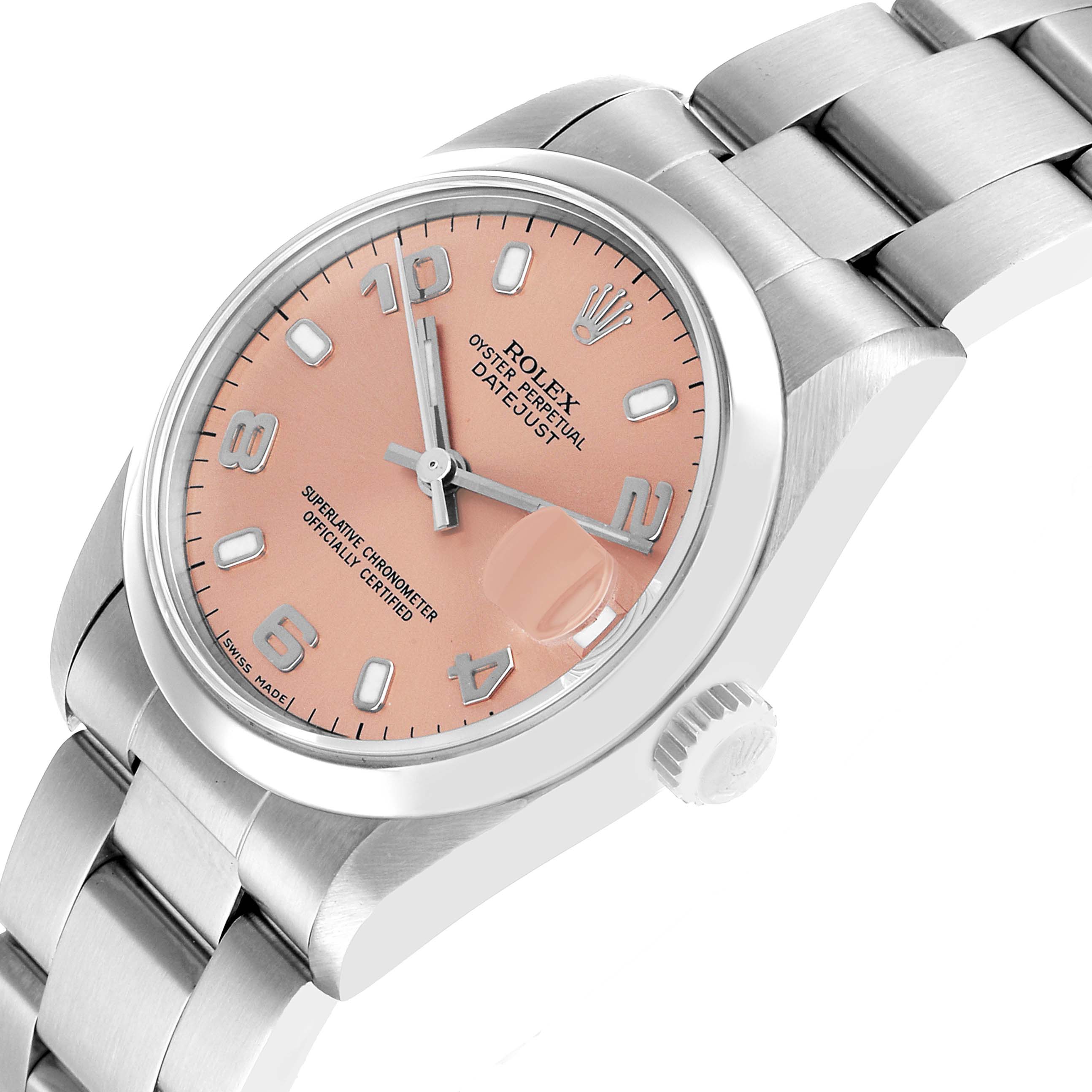 The Rolex Datejust 68240 Women's Stainless Steel Pink Dial watch is shown at an angled close-up, featuring the dial, bezel, case, bracelet, and crown.