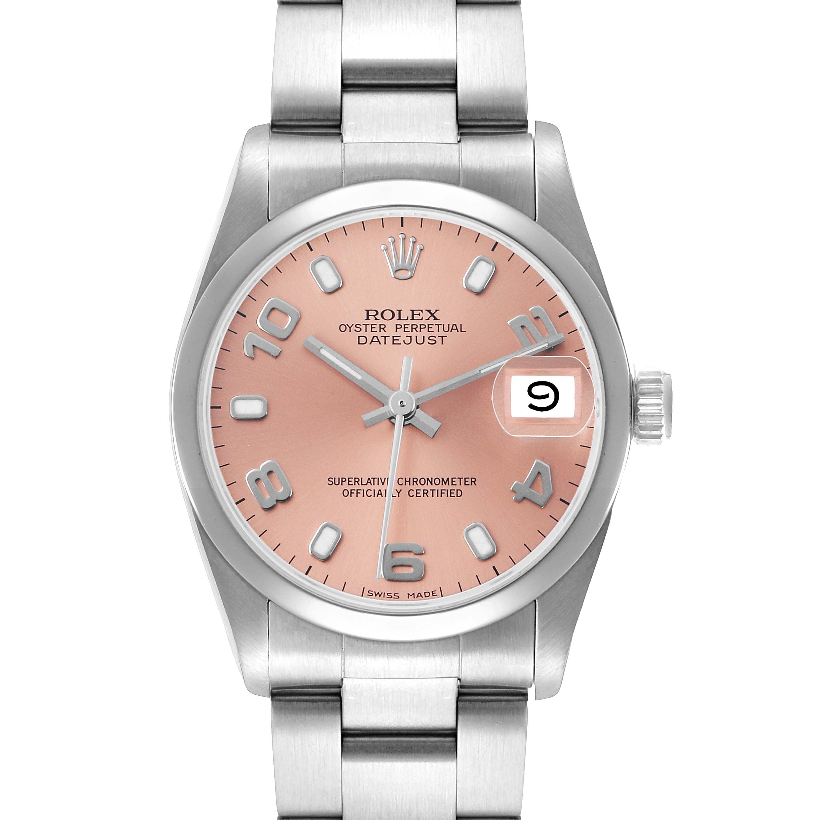 The Rolex Datejust 68240 Women's Stainless Steel Pink Dial watch is shown from a front view, displaying its pink dial, hour markers, hands, and date window.
