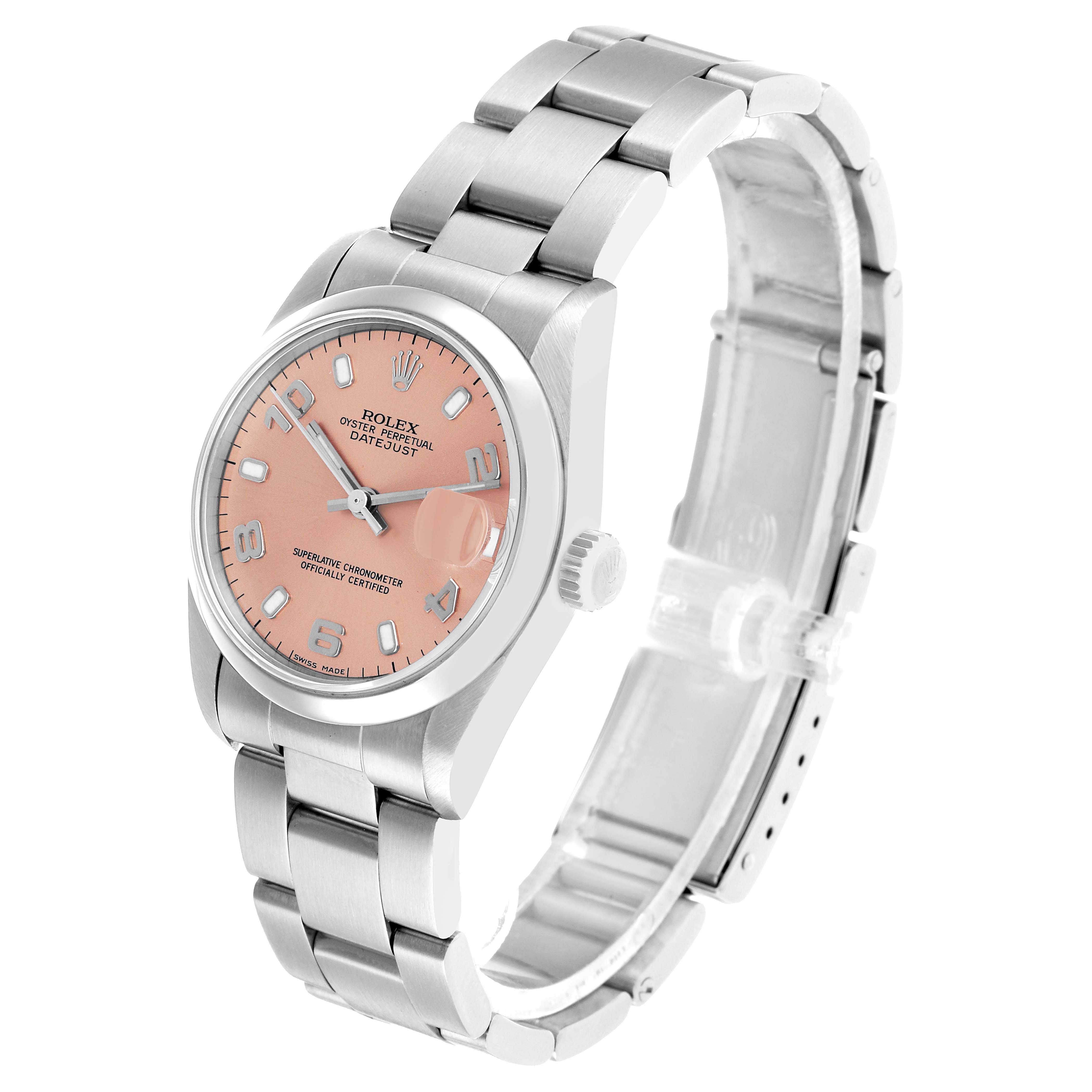 This Rolex Datejust 68240 Women's Stainless Steel Pink Dial watch is shown from a three-quarter angle, displaying the face, bezel, crown, and bracelet.