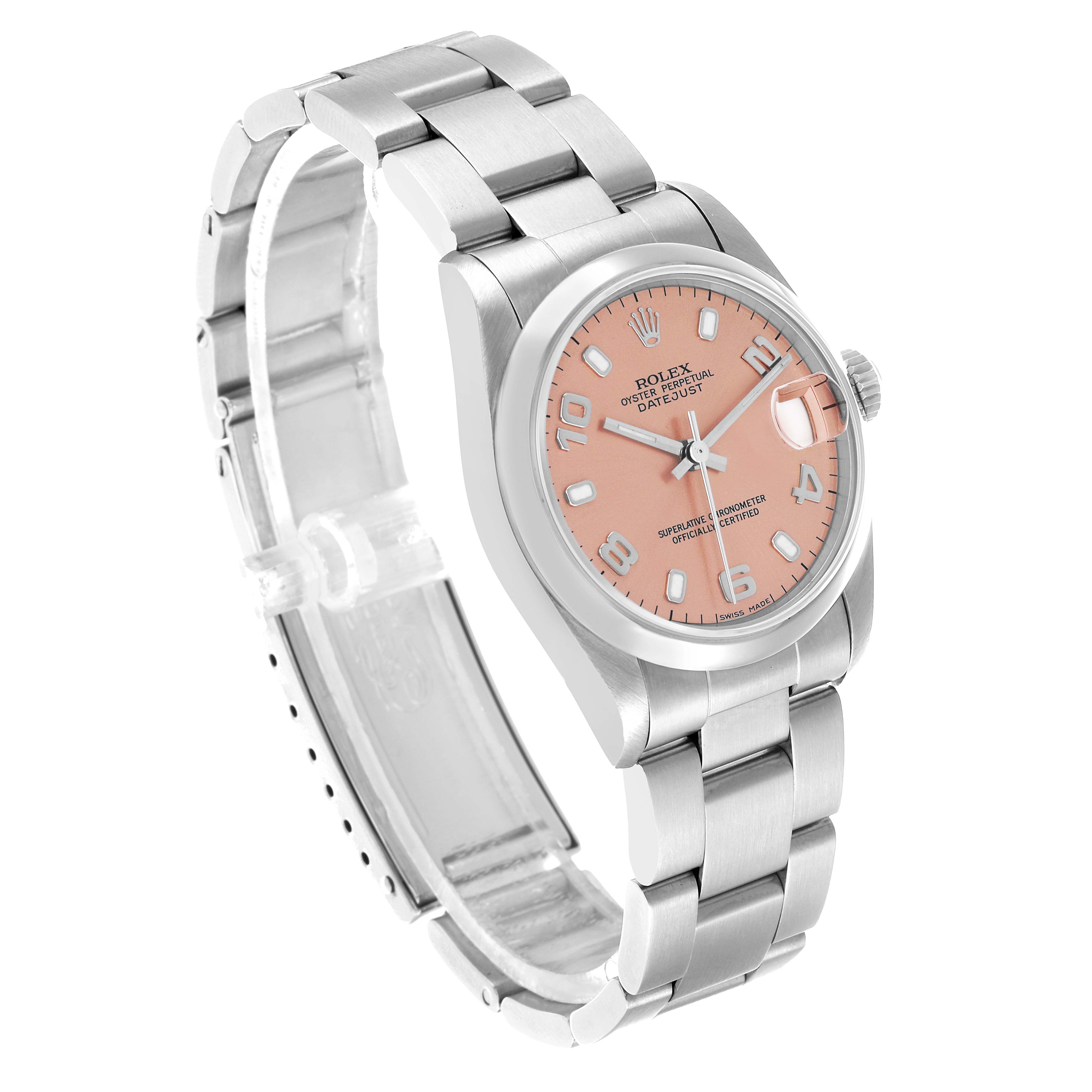 The Rolex Datejust 68240 Women's Stainless Steel Pink Dial is shown from a slight side angle, displaying its bracelet, case, dial, and date magnifier.