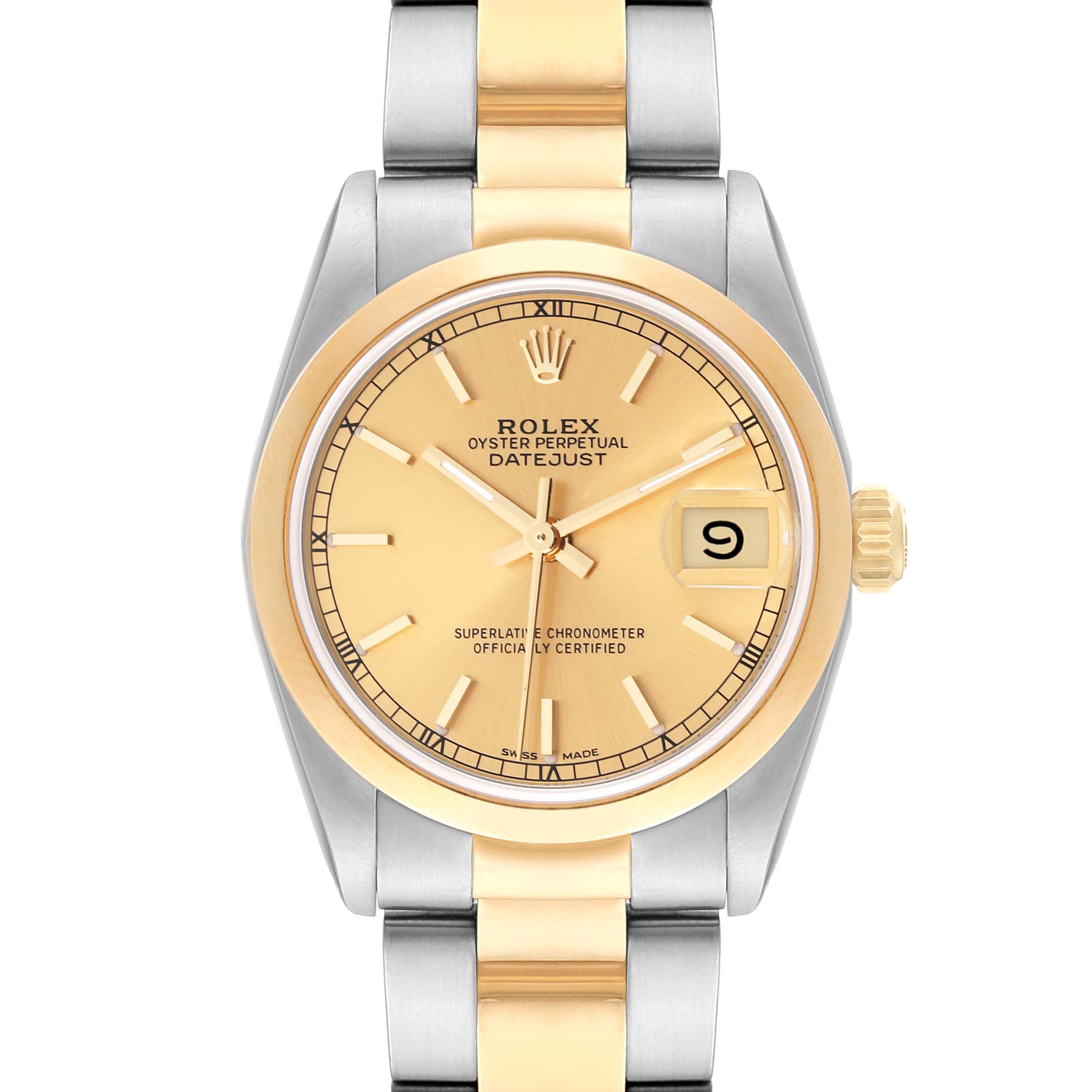 The Rolex Mid-Size 68243 Women
s Steel and Gold (two tone) Champagne Dial 68243 Women
s Steel and Gold (two tone) Champagne Dial Datejust watch is shown from a front angle, displaying dial, bracelet, bezel, crown, and date window.