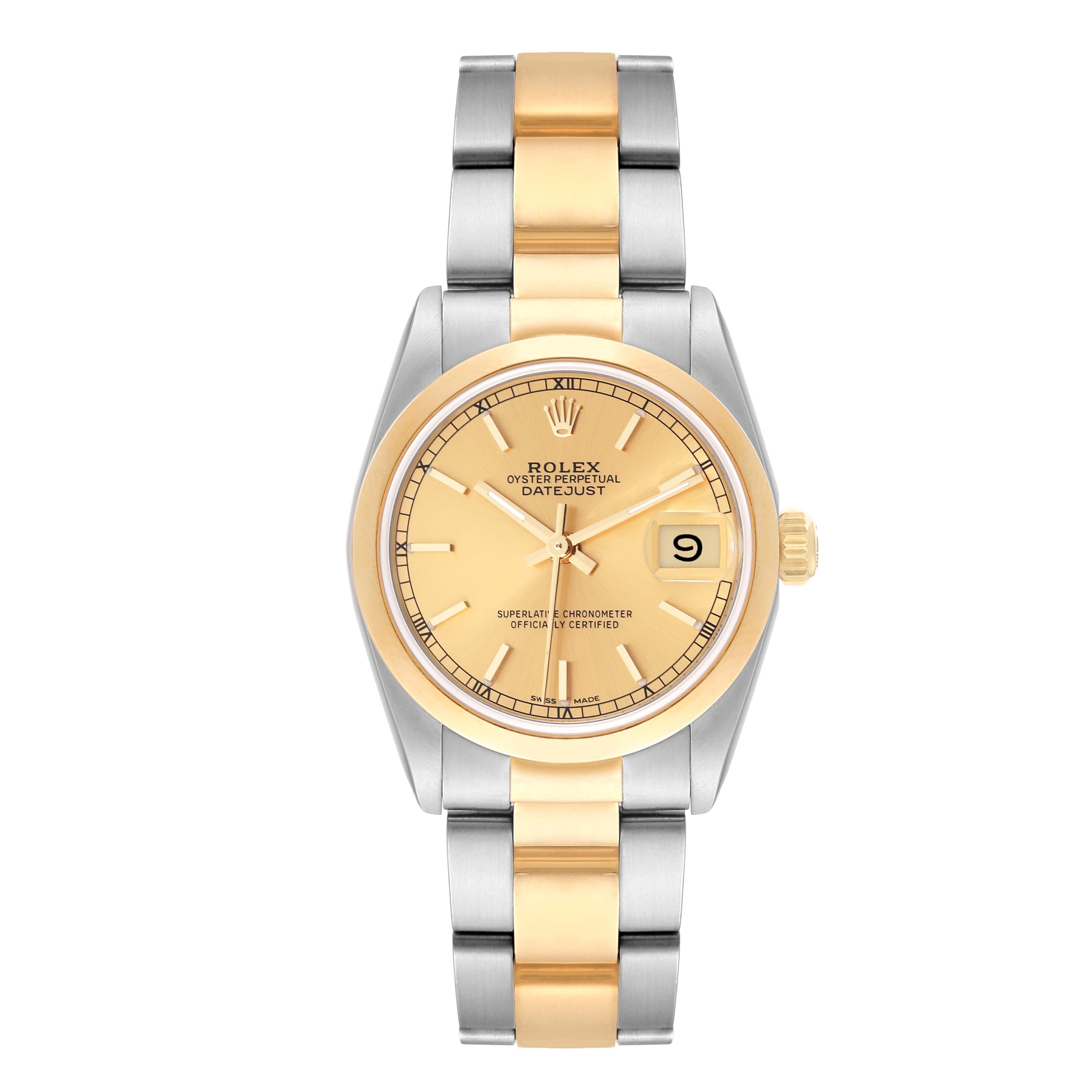 This image shows a full frontal view of a Rolex Mid-Size 68243 Women
s Steel and Gold (two tone) Champagne Dial 68243 Women
s Steel and Gold (two tone) Champagne Dial Oyster Perpetual Datejust watch, showcasing its dial, bracelet, and clasp.