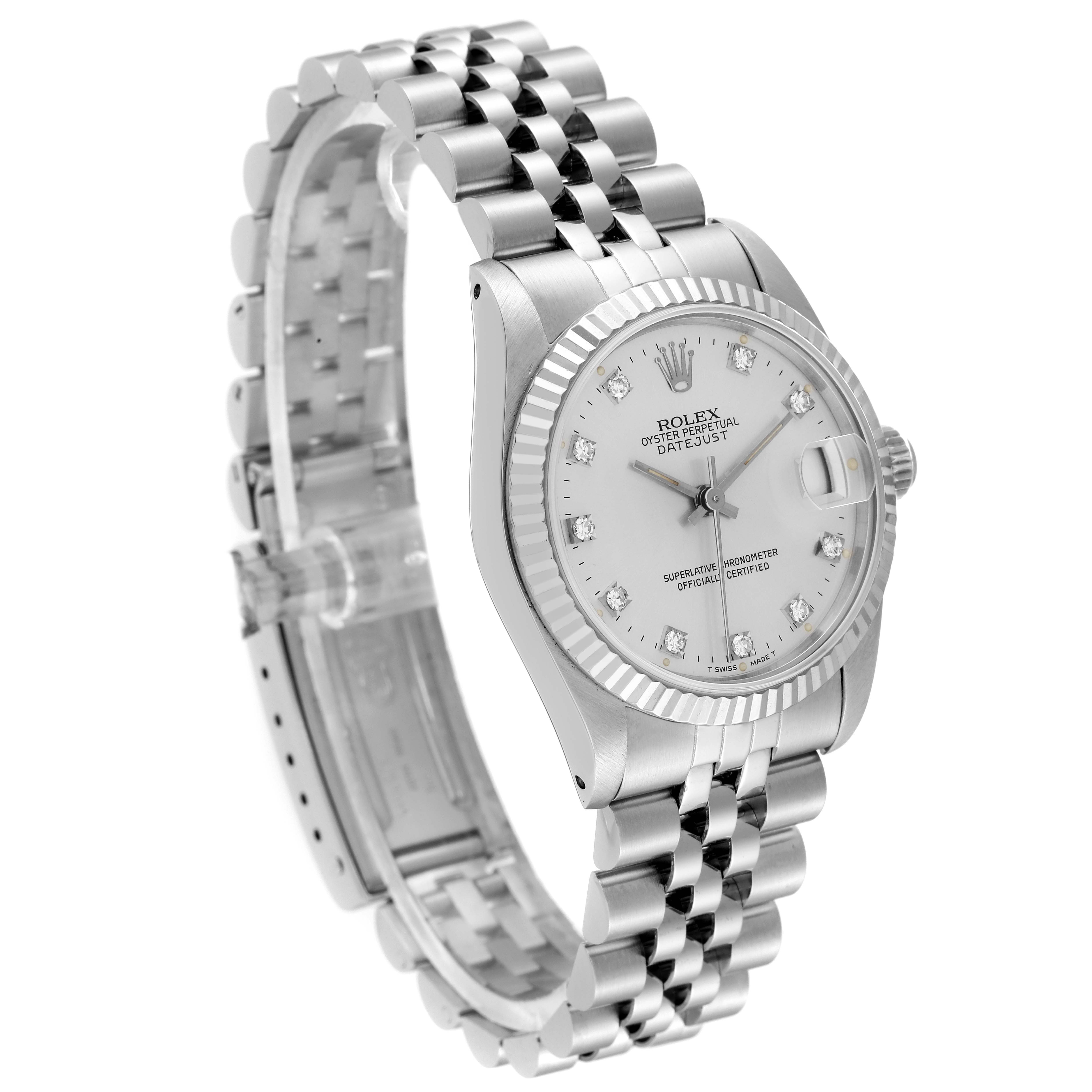 The image shows a side angle of a Rolex Mid-Size 68274 Women
s Stainless Steel Silver Dial 68274 Women
s Stainless Steel Silver Dial Datejust watch, featuring the dial, bezel, and bracelet.