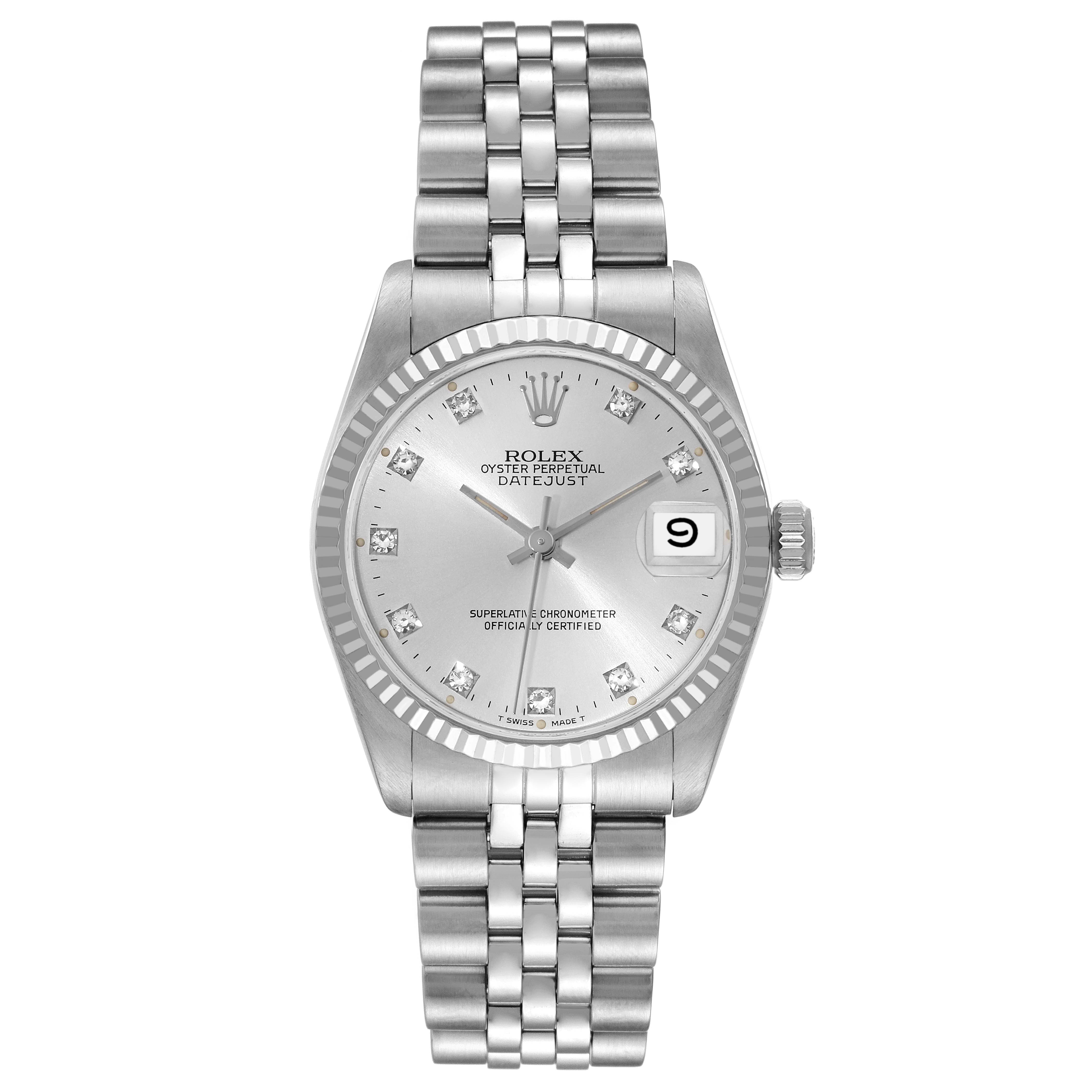 The image shows a frontal view of a Rolex Oyster Perpetual Datejust Mid-Size watch with a silver dial and stainless steel bracelet.