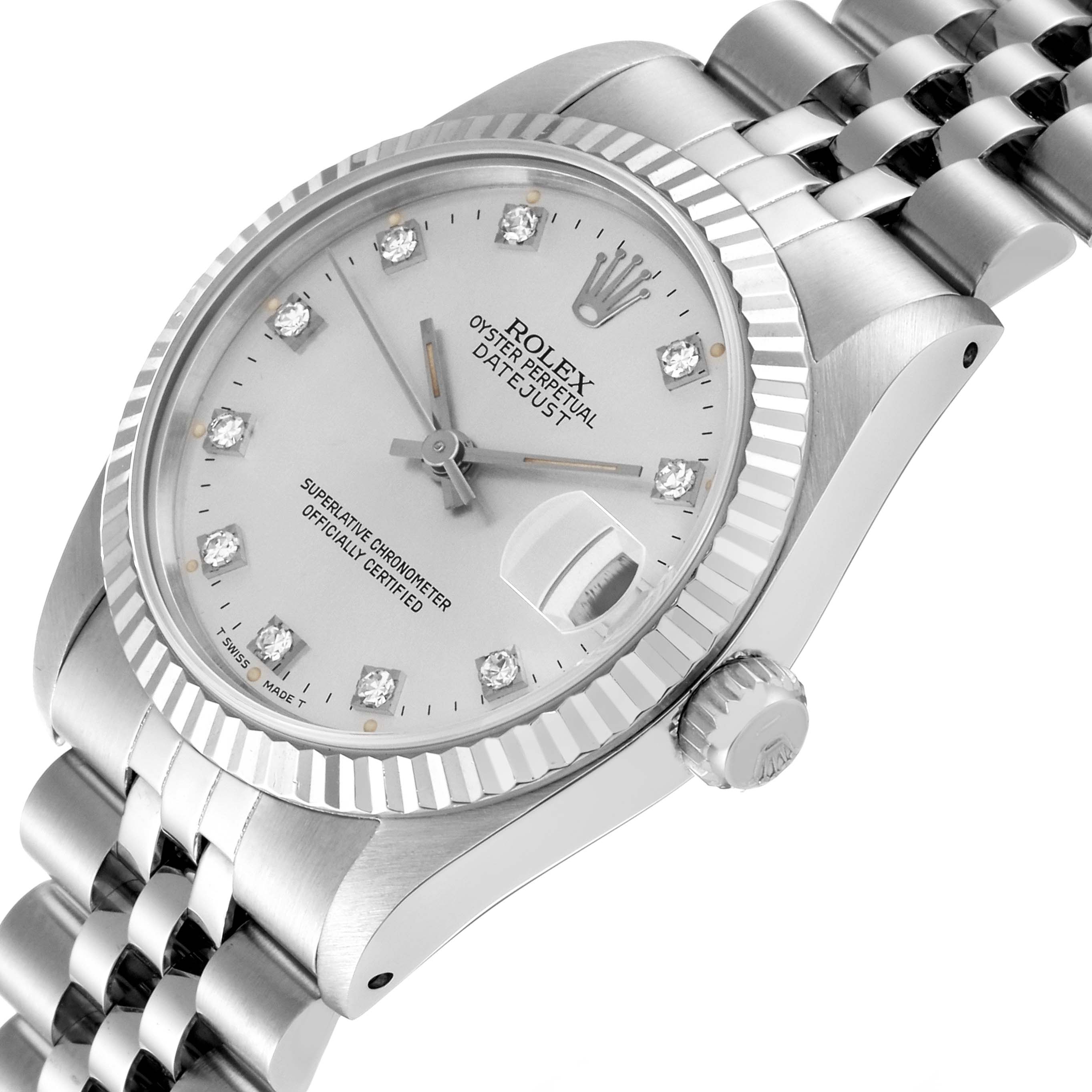 The image shows a side angle of a Rolex Oyster Perpetual Datejust Mid-Size watch, highlighting the dial, bezel, and part of the bracelet.