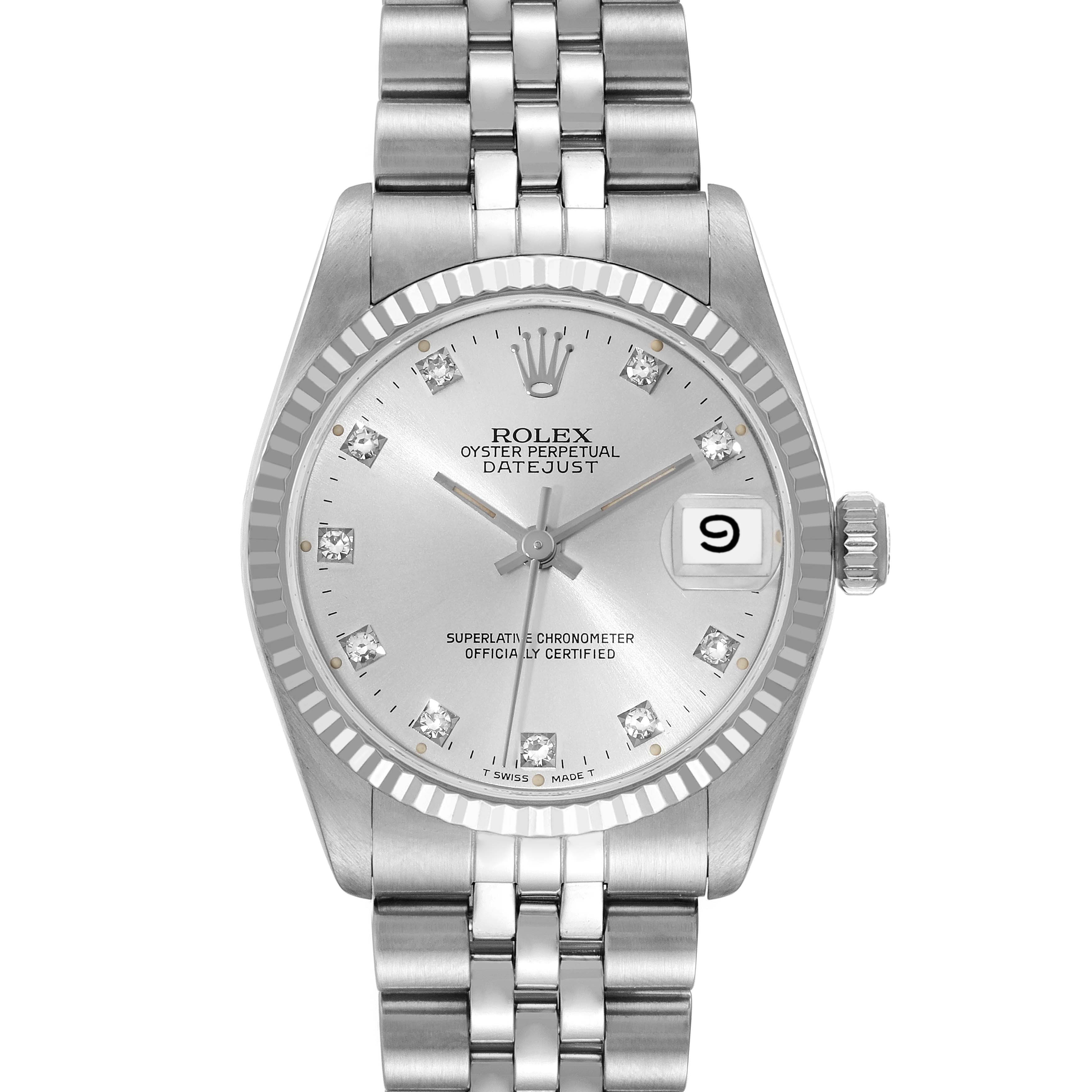 This image shows a front view of a Rolex Oyster Perpetual Datejust Mid-Size watch, highlighting its dial, bezel, and bracelet.