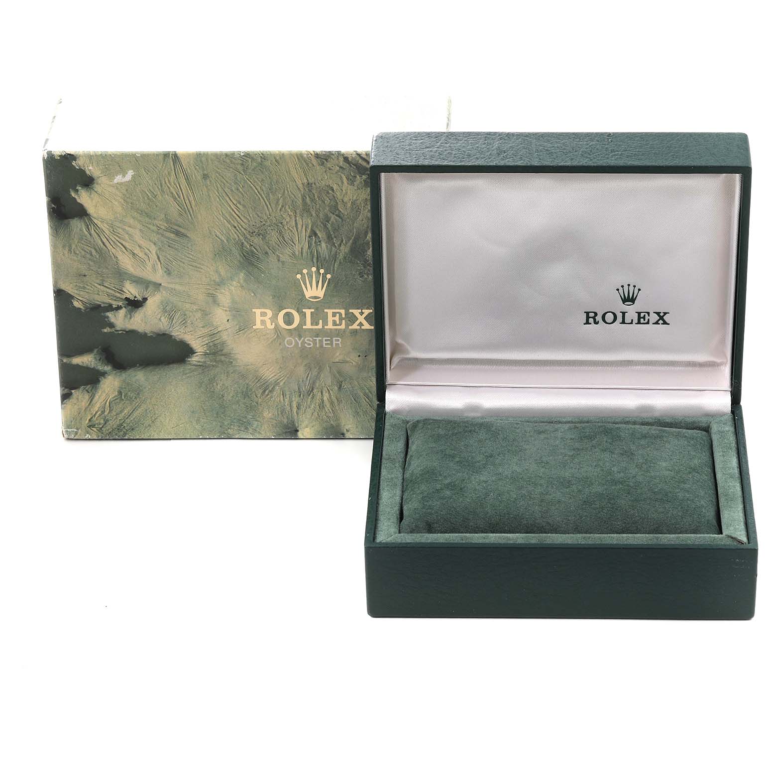 The image shows an empty Rolex Oyster Mid-Size watch box and its outer packaging from a frontal angle.