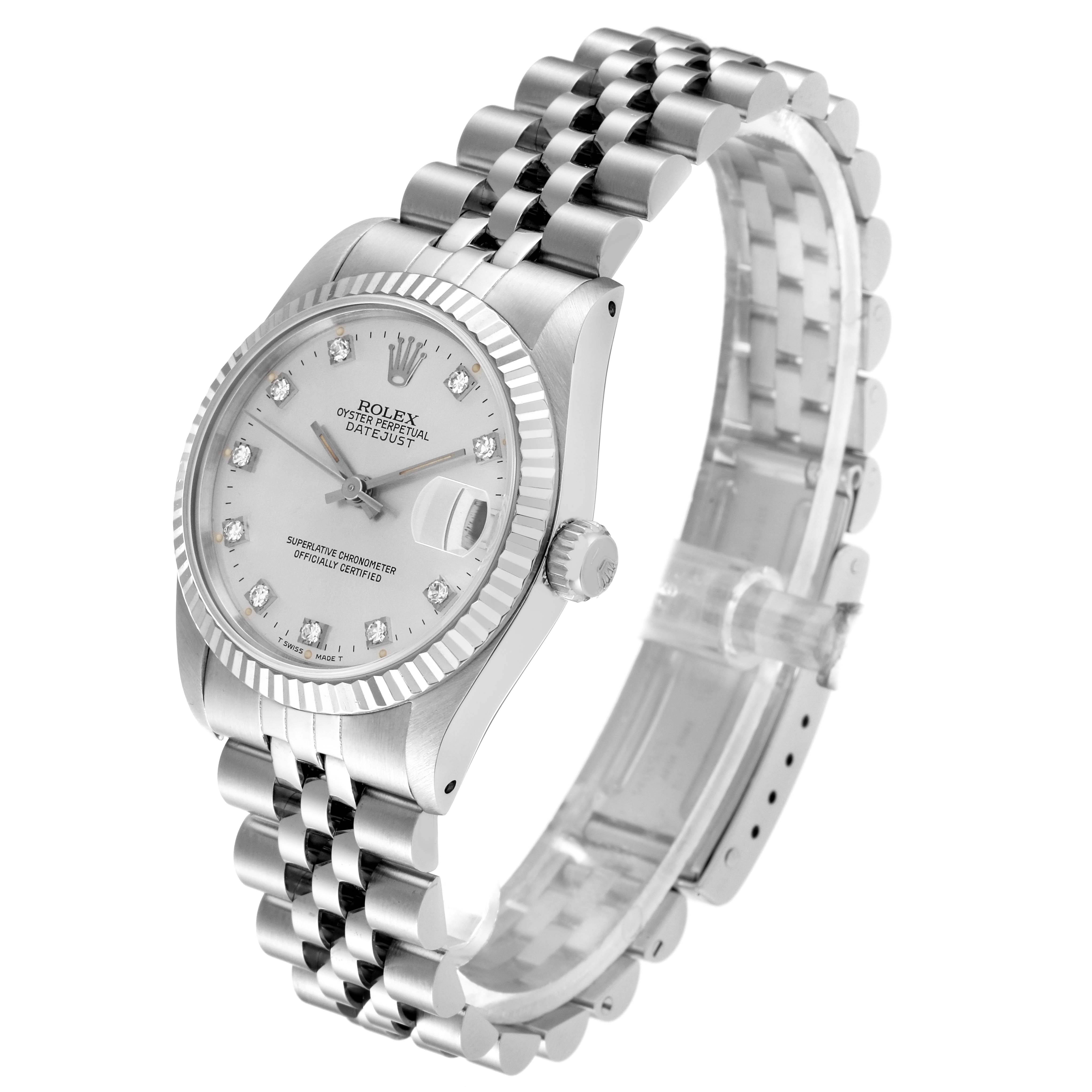 The image shows the front angle of a Rolex Mid-Size 68274 Women
s Stainless Steel Silver Dial 68274 Women
s Stainless Steel Silver Dial Datejust watch, showcasing the dial, bezel, crown, and bracelet.