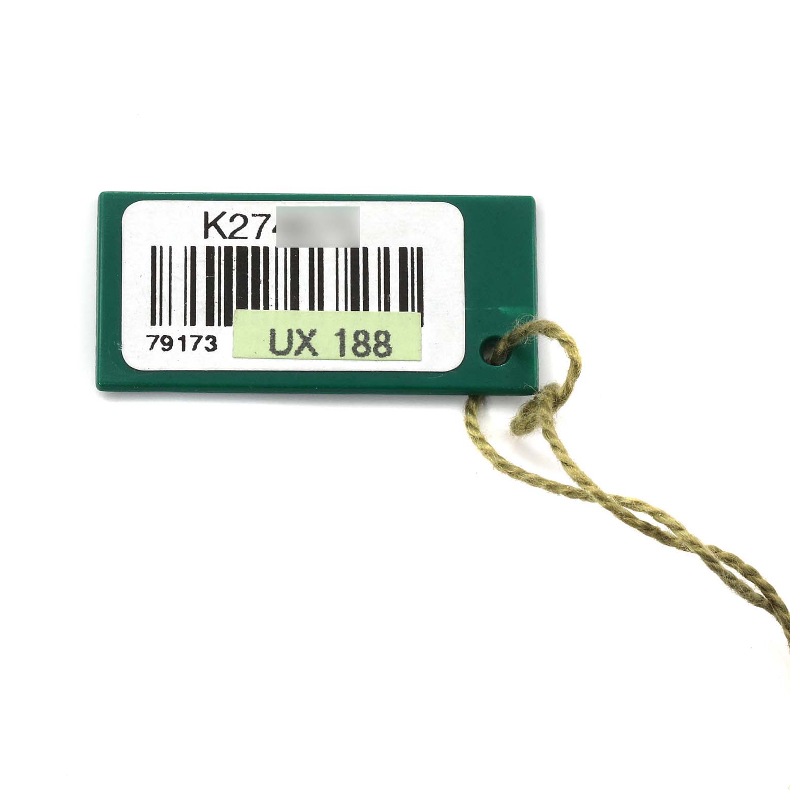 The image shows a green tag with a barcode for a Rolex Datejust 79173 Women's Steel and Gold (two tone) Mother of Pearl Dial 79173 Women's Steel and Gold (two tone) Mother of Pearl Dial model, labeled "K27" and "UX 188."