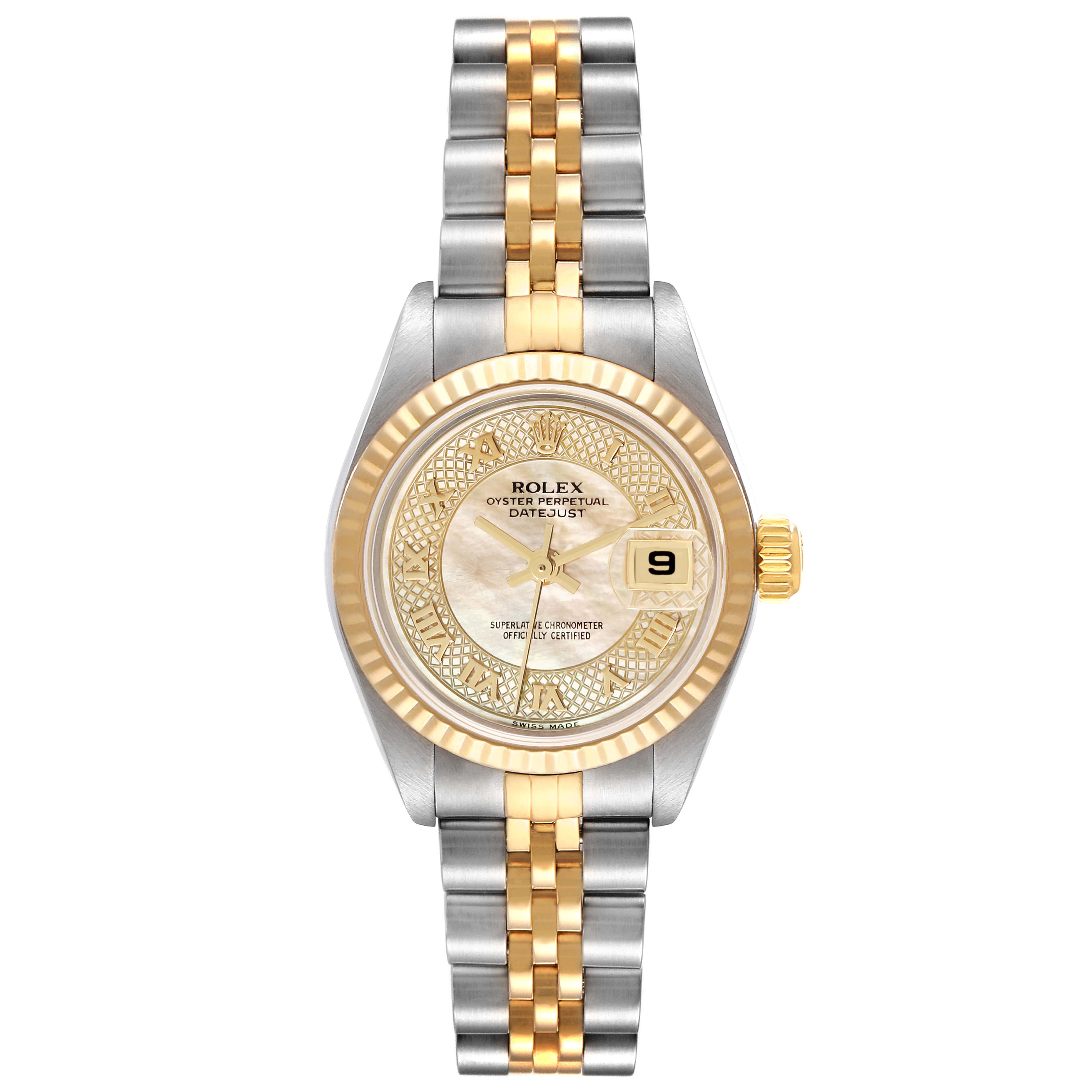 This Rolex Datejust 79173 Women's Steel and Gold (two tone) Mother of Pearl Dial 79173 Women's Steel and Gold (two tone) Mother of Pearl Dial watch is shown from a top-down angle, highlighting the face, bezel, and bracelet.