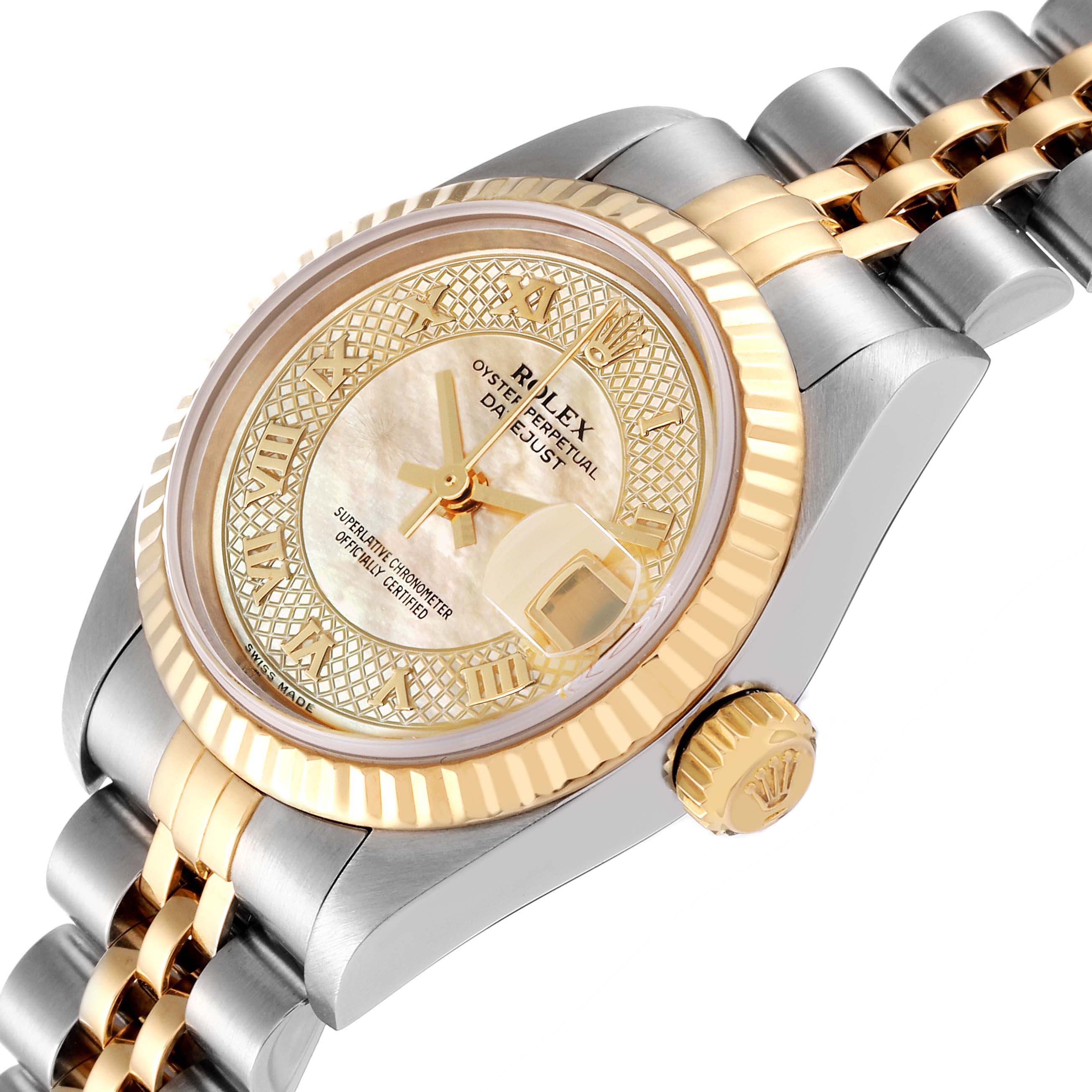 This image shows a Rolex Datejust 79173 Women's Steel and Gold (two tone) Mother of Pearl Dial 79173 Women's Steel and Gold (two tone) Mother of Pearl Dial watch from an angled side view, highlighting the dial, bezel, and part of the bracelet.