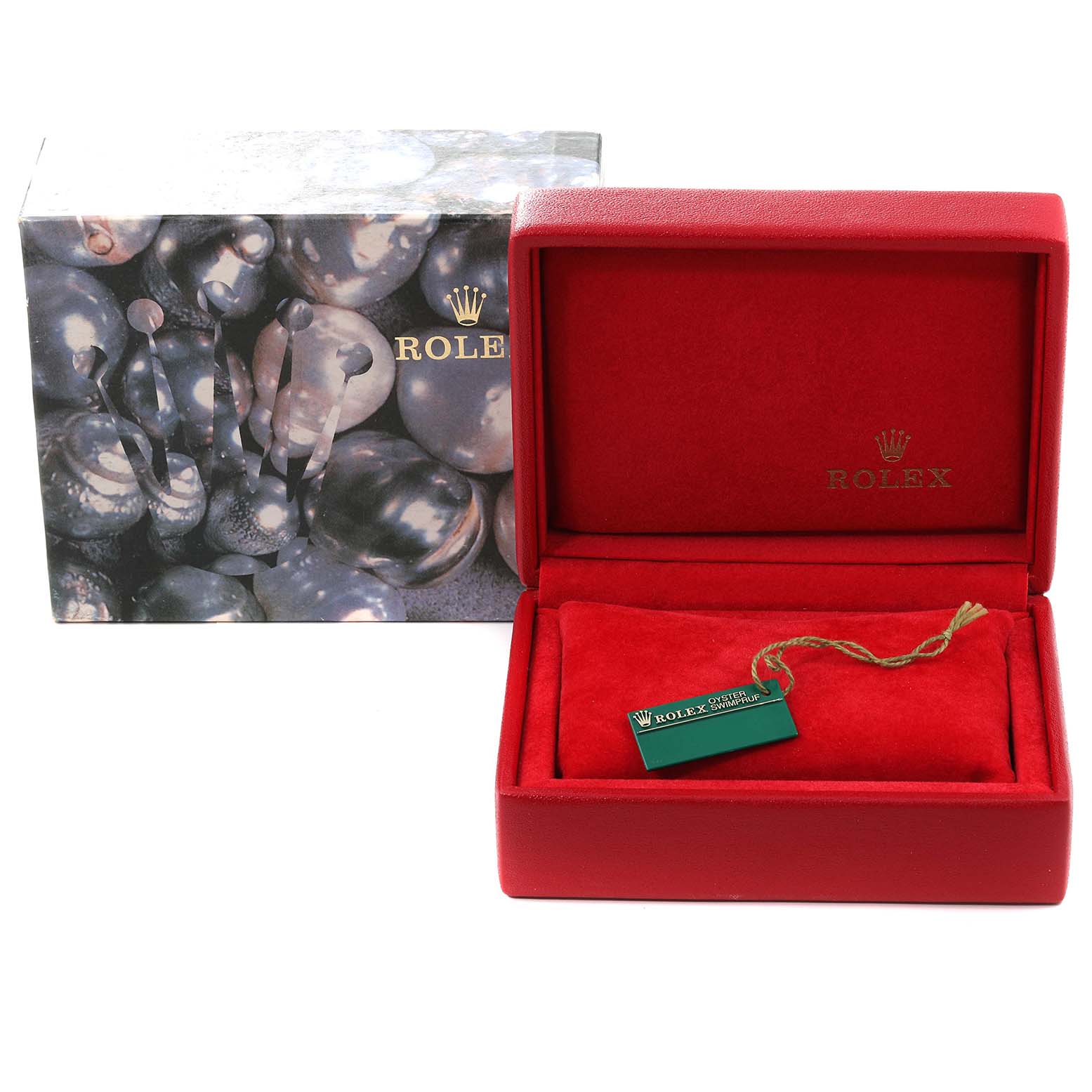 The image shows a Rolex Datejust 79173 Women's Steel and Gold (two tone) Mother of Pearl Dial 79173 Women's Steel and Gold (two tone) Mother of Pearl Dial watch box and accessories from a front angle, with the metallic exterior box and red interior box open.