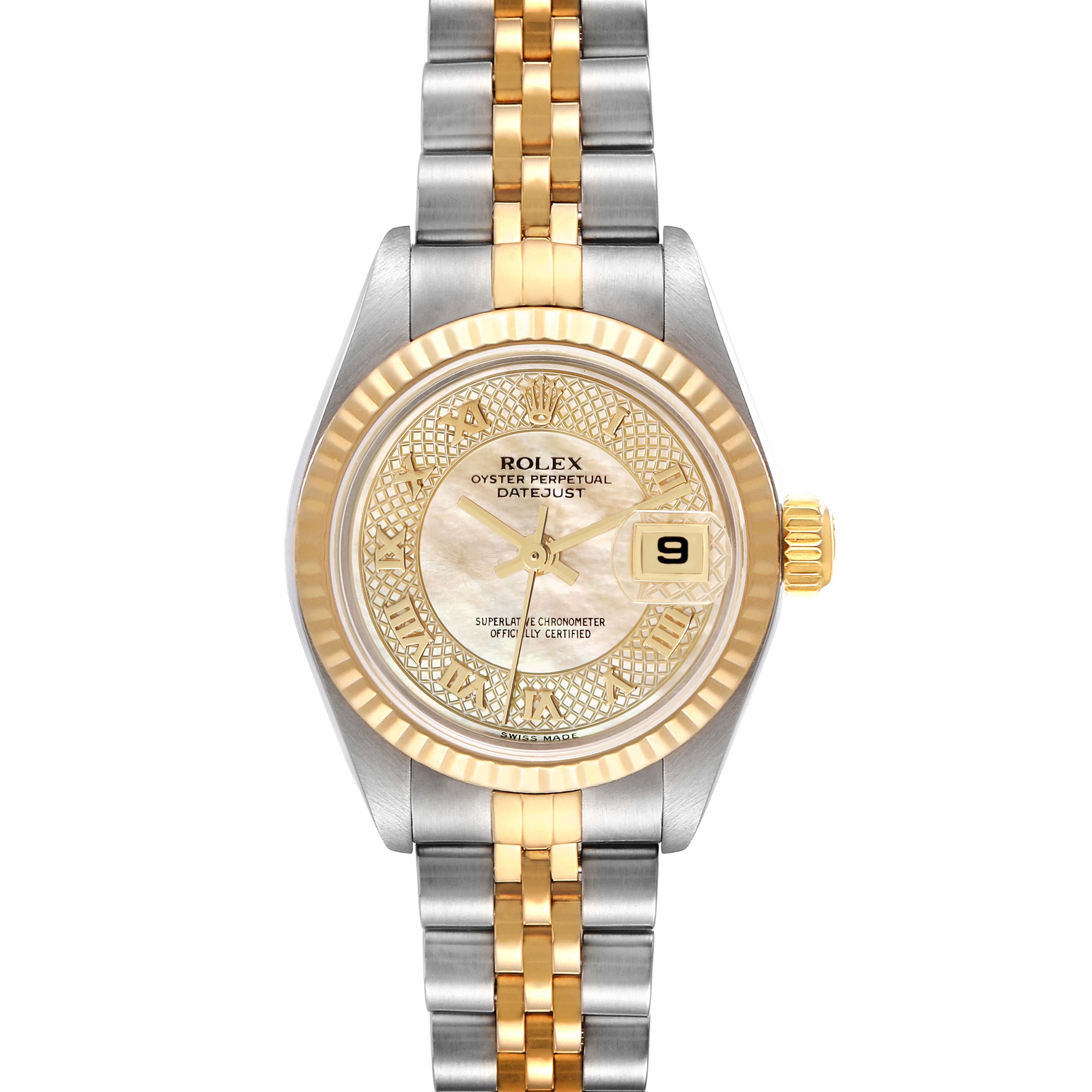 The Rolex Datejust 79173 Women's Steel and Gold (two tone) Mother of Pearl Dial 79173 Women's Steel and Gold (two tone) Mother of Pearl Dial watch is shown from the front, displaying the dial, case, bezel, crown, and bracelet.