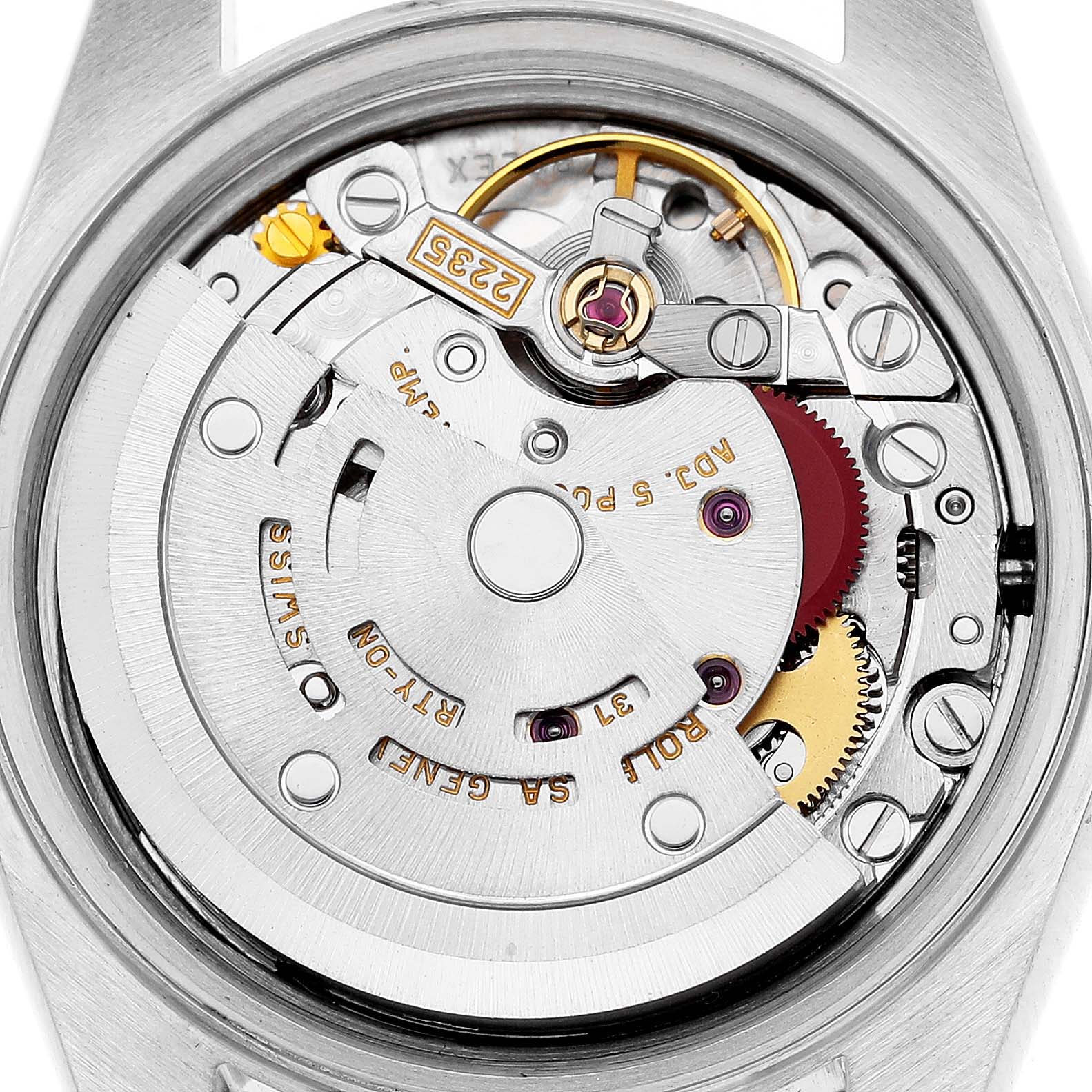 The image shows a close-up of the movement mechanism inside a Rolex Datejust 79173 Women's Steel and Gold (two tone) Mother of Pearl Dial 79173 Women's Steel and Gold (two tone) Mother of Pearl Dial watch from a top-down angle.