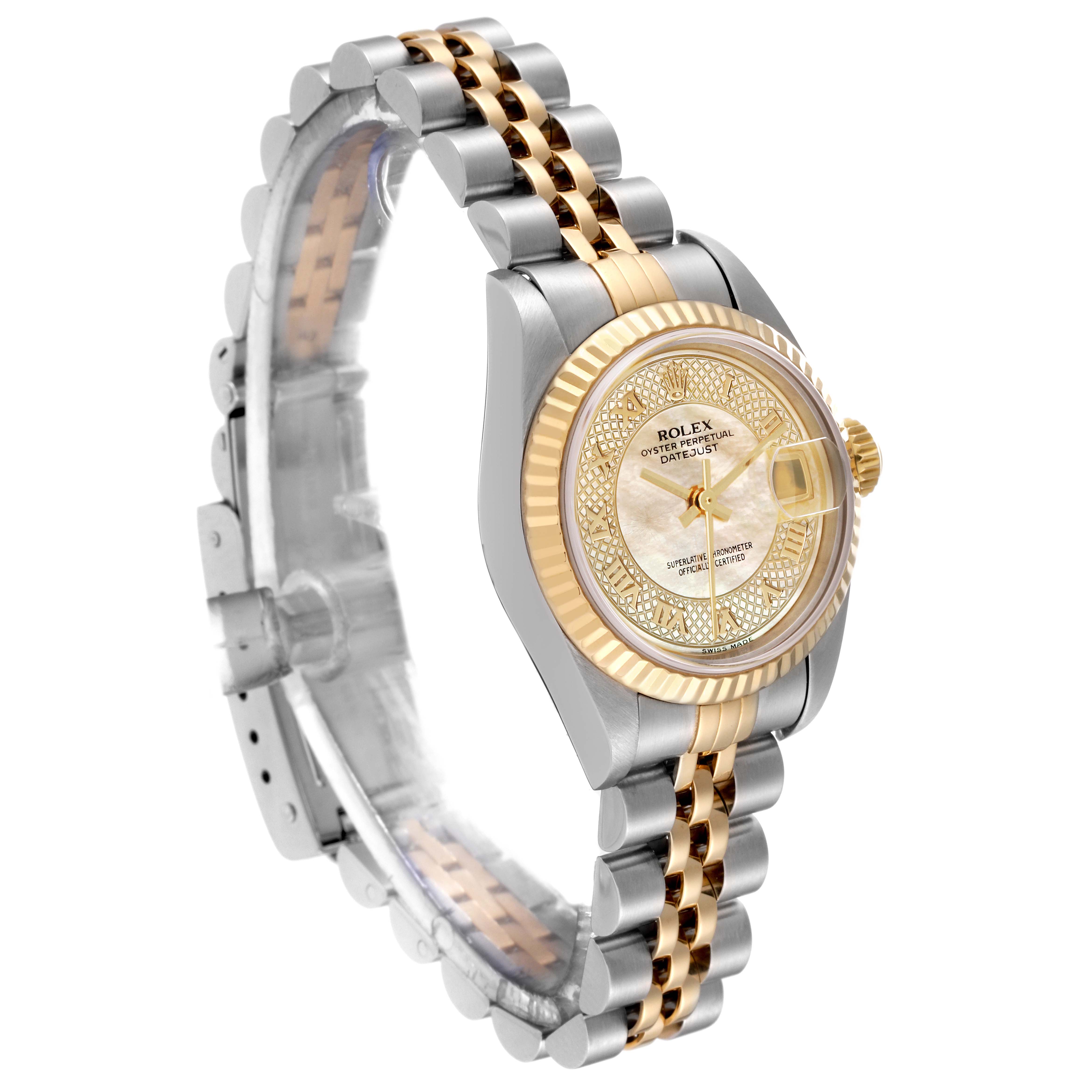 This image shows a side-angle view of a Rolex Datejust 79173 Women's Steel and Gold (two tone) Mother of Pearl Dial 79173 Women's Steel and Gold (two tone) Mother of Pearl Dial watch, displaying its dial, bezel, and two-tone bracelet.