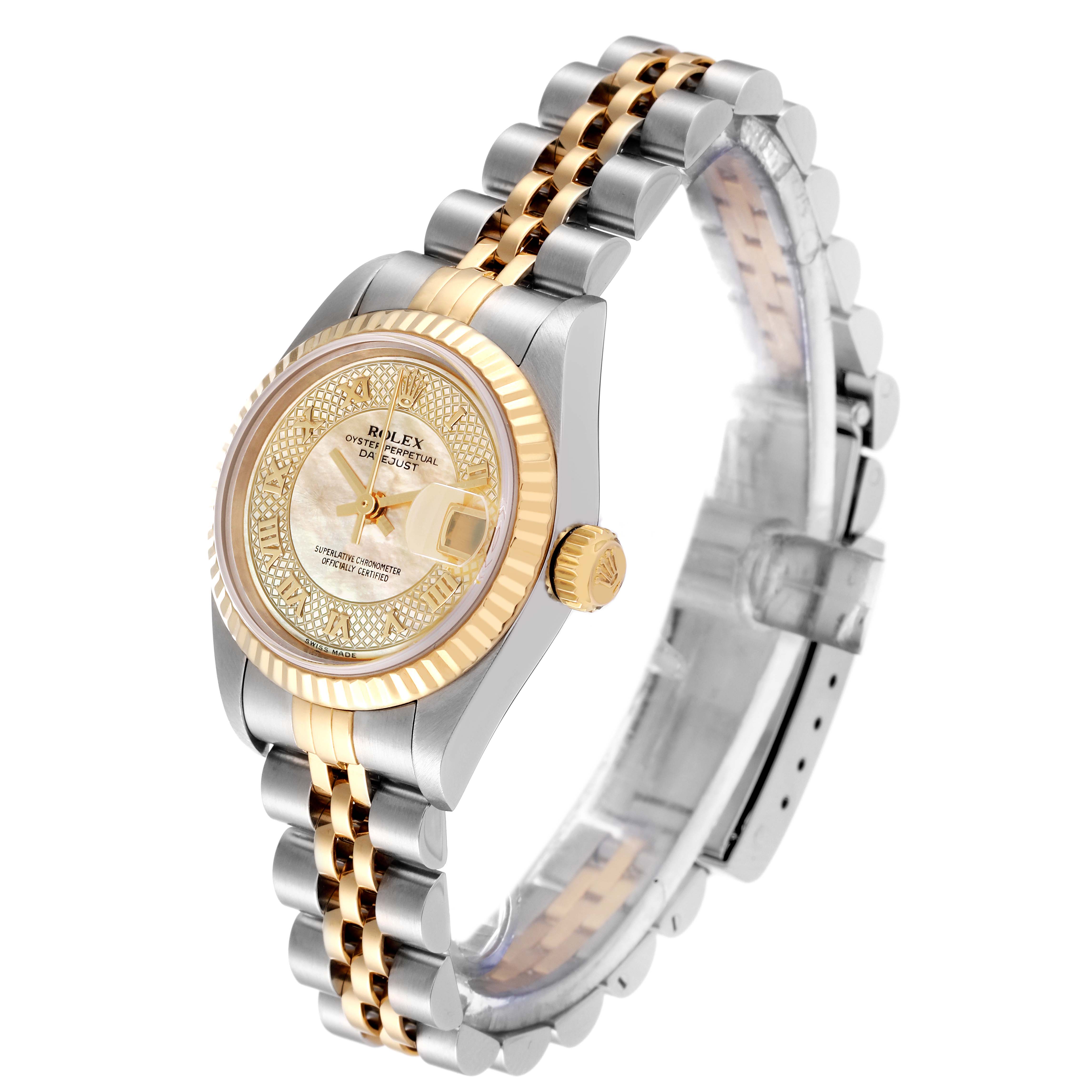 The Rolex Datejust 79173 Women's Steel and Gold (two tone) Mother of Pearl Dial 79173 Women's Steel and Gold (two tone) Mother of Pearl Dial watch is shown at an angle highlighting its face, bezel, crown, and two-tone bracelet.