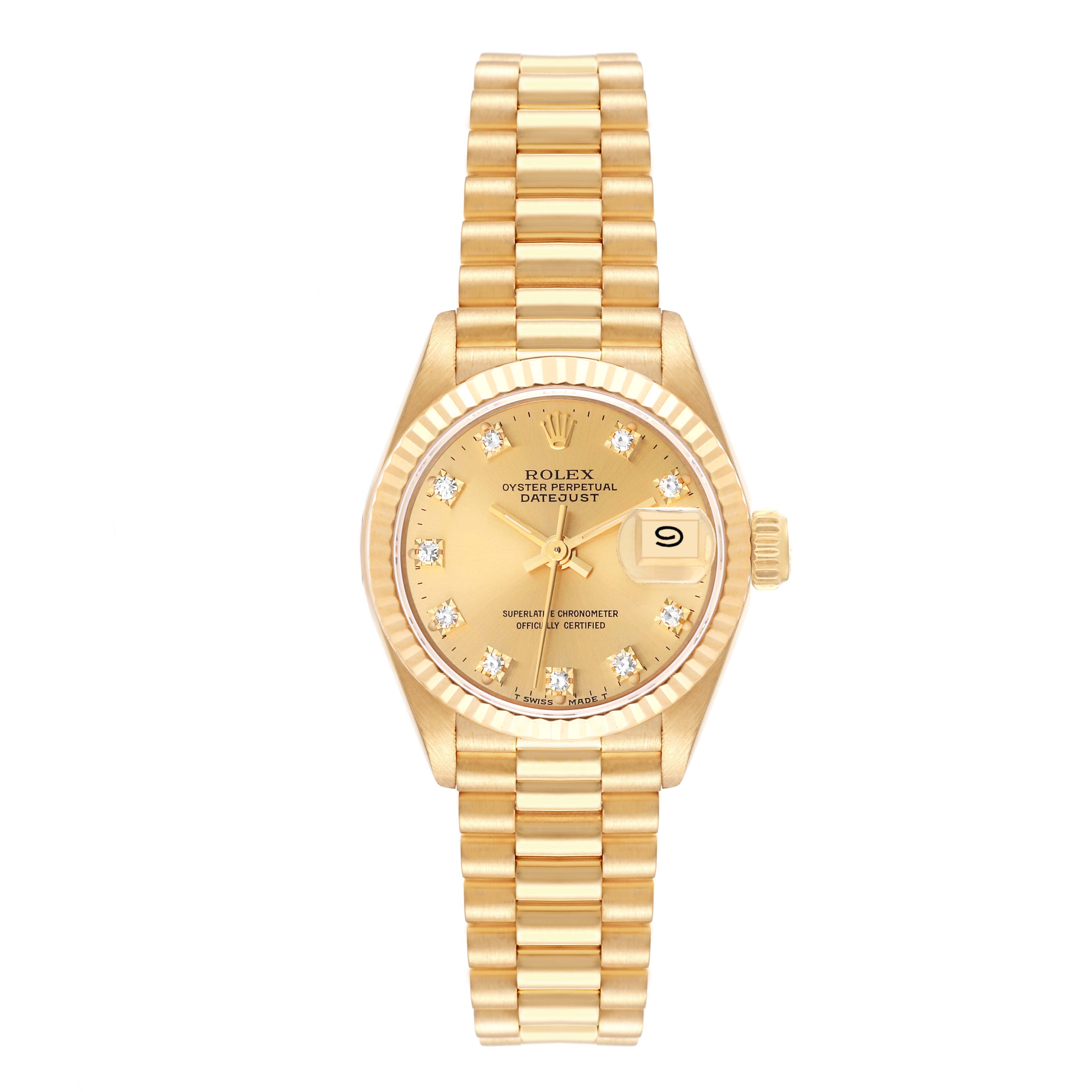 The image shows a front view of a gold Rolex President 69178 Women's Yellow Gold Champagne Dial 69178 Women's Yellow Gold Champagne Dial Datejust watch, displaying the face, bezel, bracelet, and date window.