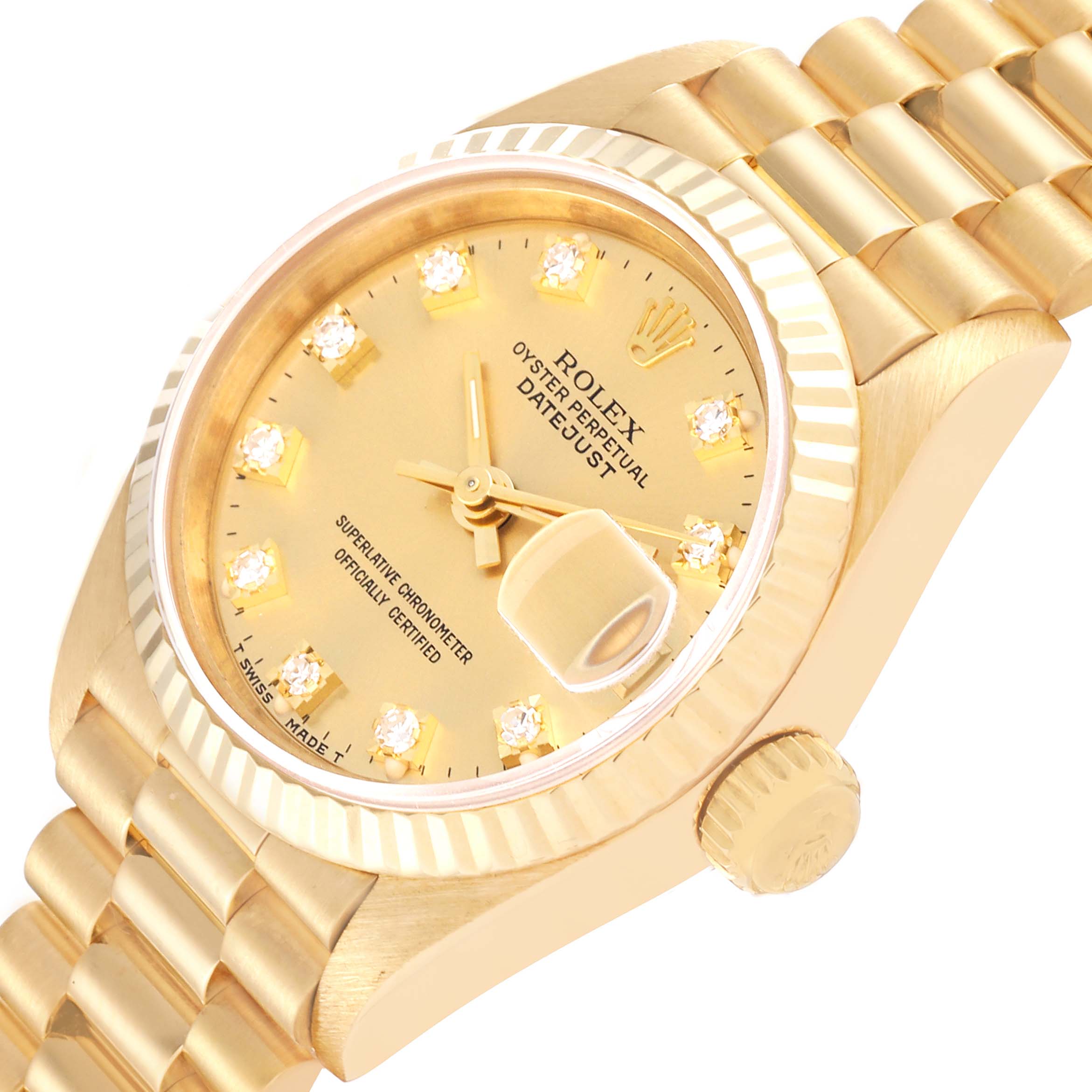 This image shows a close-up, angled view of a Rolex President 69178 Women's Yellow Gold Champagne Dial 69178 Women's Yellow Gold Champagne Dial model watch, highlighting the dial, crown, bezel, and part of the bracelet.