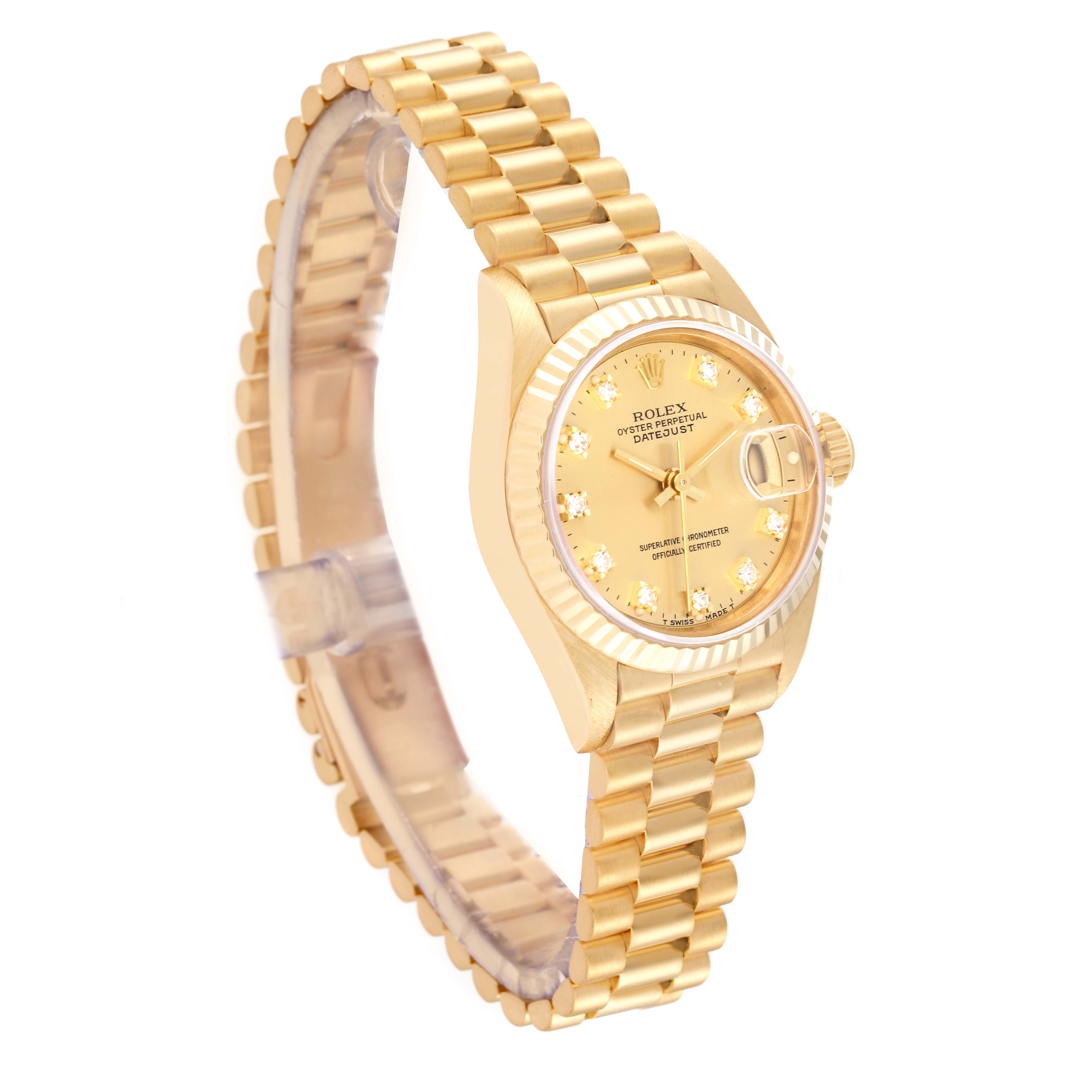 The image shows a side angle of a Rolex President 69178 Women's Yellow Gold Champagne Dial 69178 Women's Yellow Gold Champagne Dial model watch, displaying its gold bracelet, dial, and date magnifier.