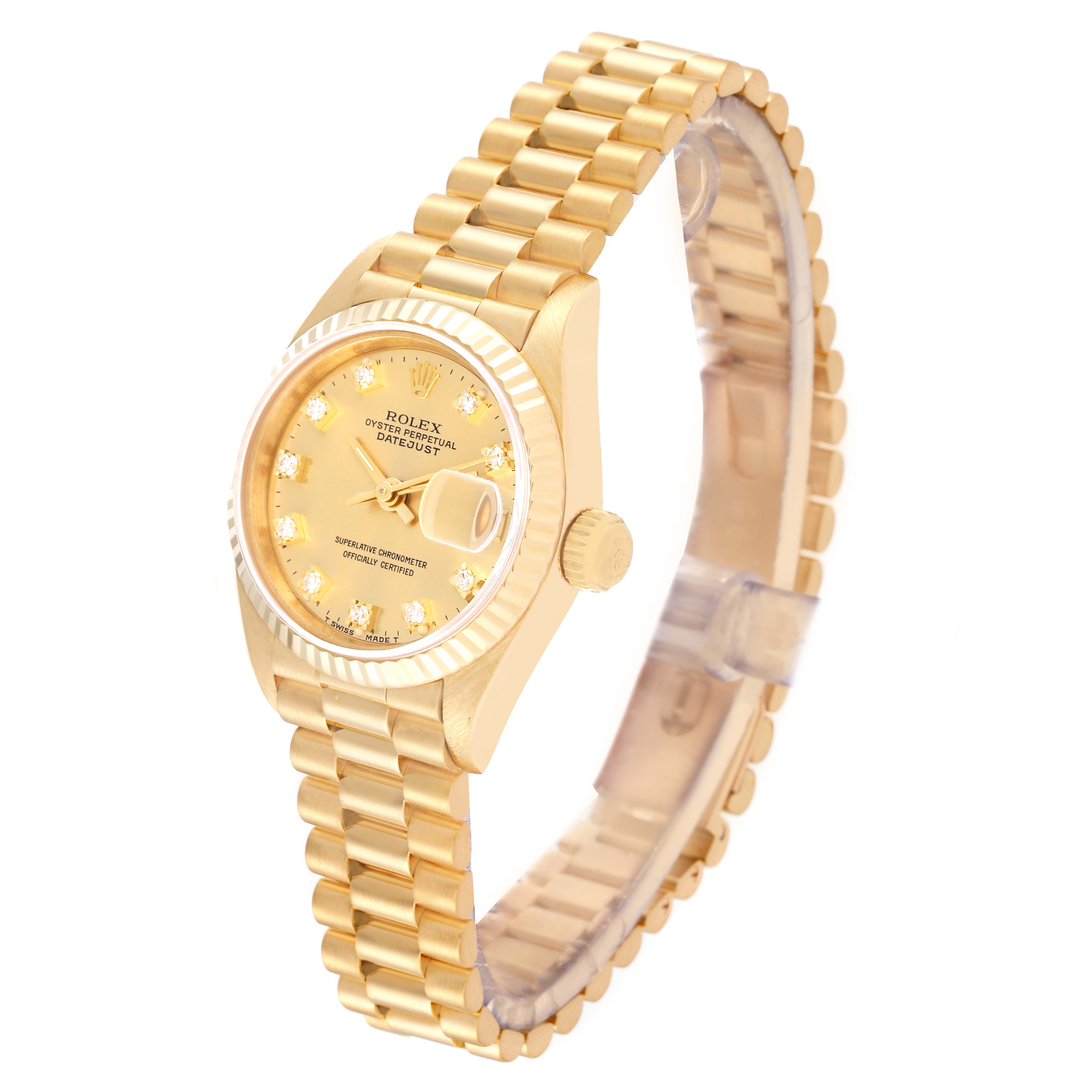 The image shows a Rolex President 69178 Women's Yellow Gold Champagne Dial 69178 Women's Yellow Gold Champagne Dial model watch from a semi-side angle, highlighting the gold band, watch face, and crown.