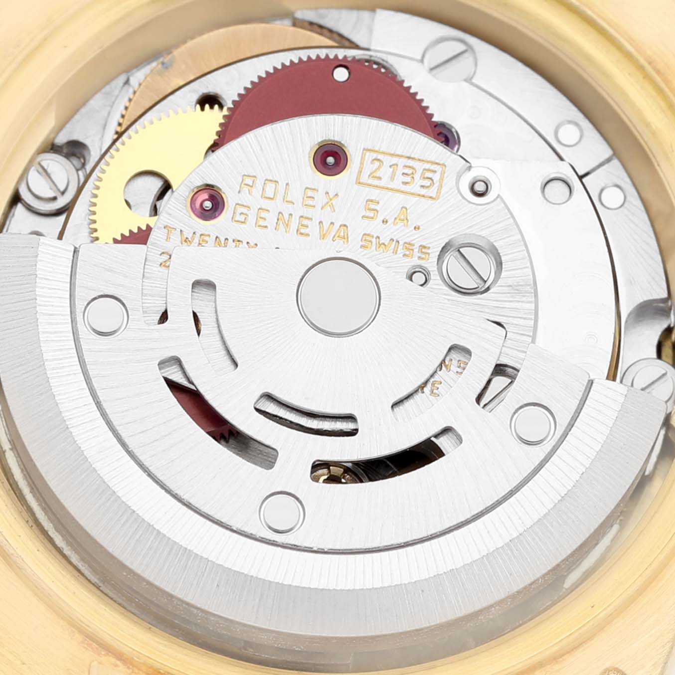 The image shows a close-up view of the movement mechanism of a Rolex President 69178 Women's Yellow Gold Champagne Dial 69178 Women's Yellow Gold Champagne Dial model watch.