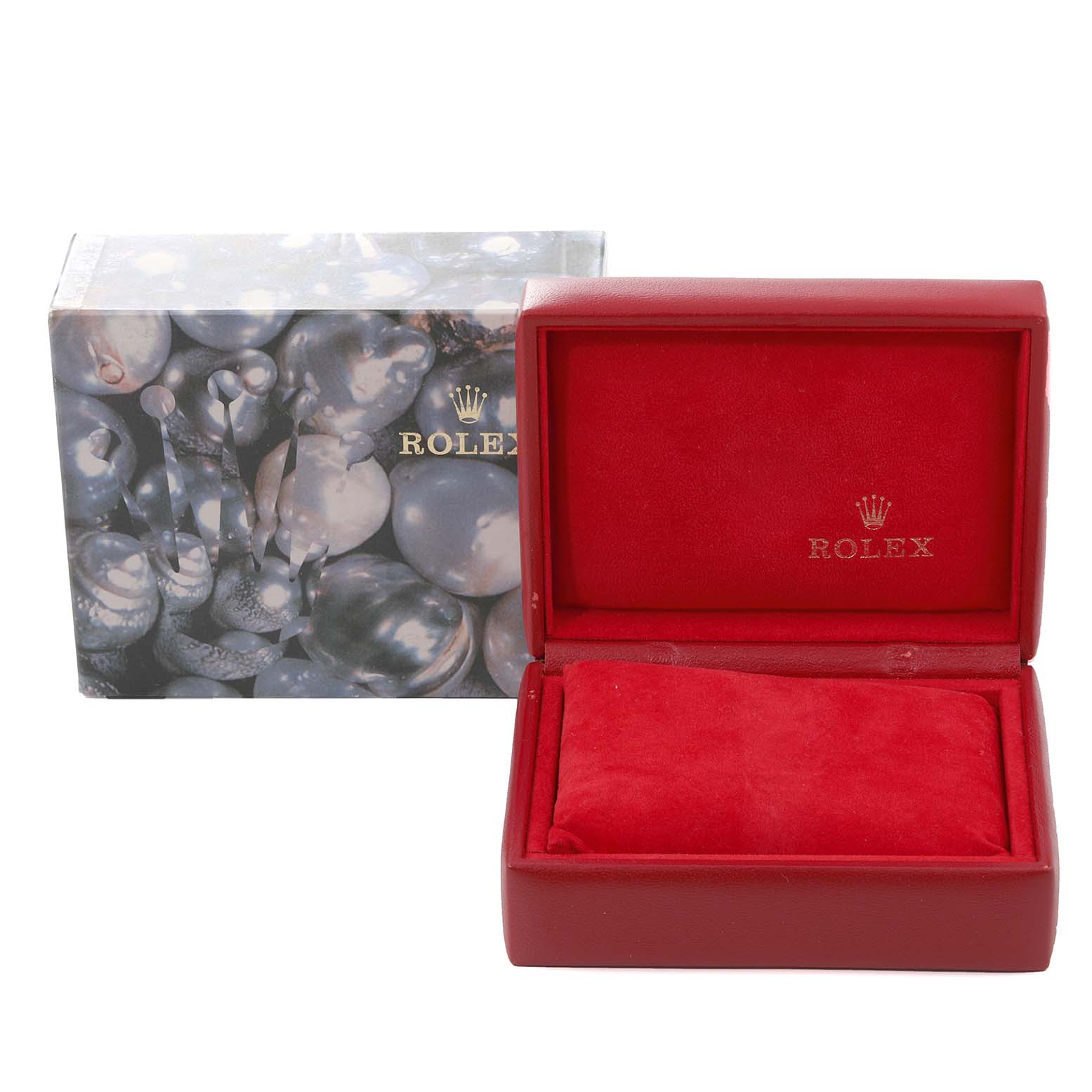 The image shows a Rolex President 69178 Women's Yellow Gold Champagne Dial 69178 Women's Yellow Gold Champagne Dial model watch box, including the outer box with a pearl design and a red, padded interior box.