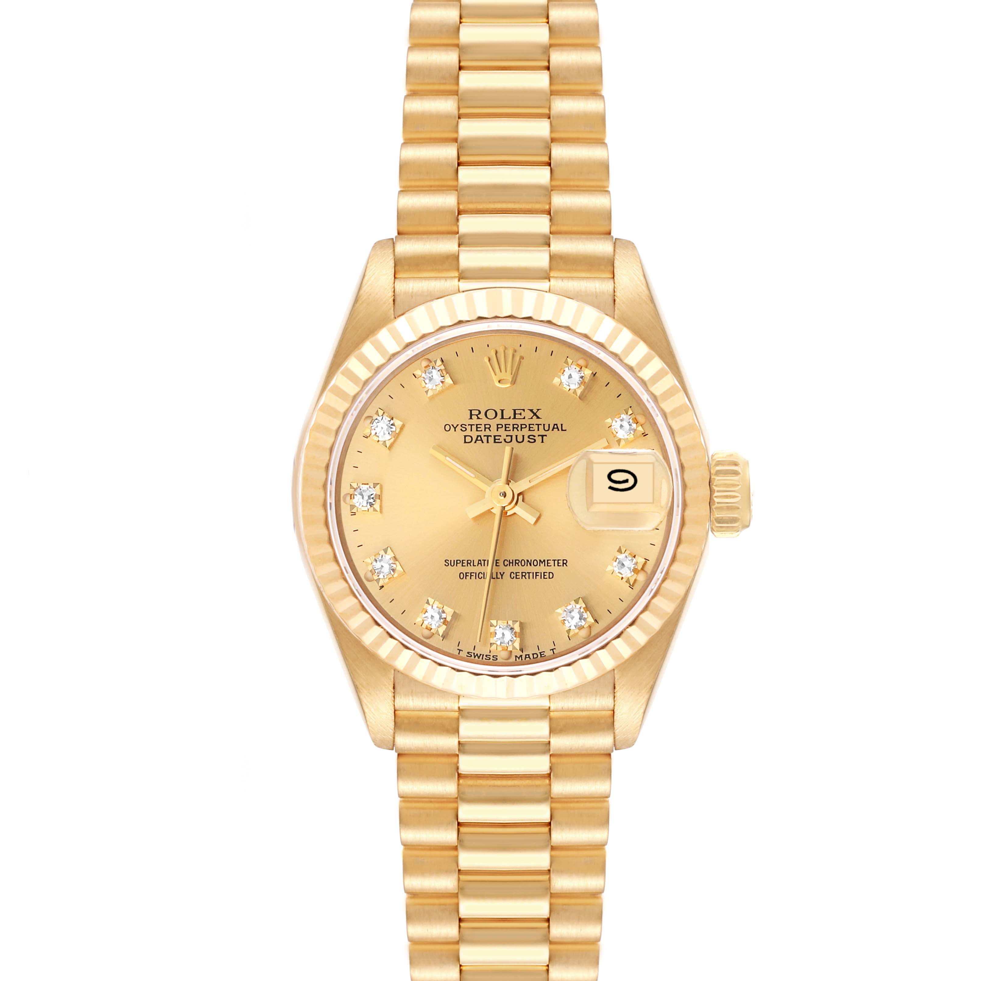 The image shows a front view of a Rolex President 69178 Women's Yellow Gold Champagne Dial 69178 Women's Yellow Gold Champagne Dial model watch, displaying the face, bracelet, crown, and date window.