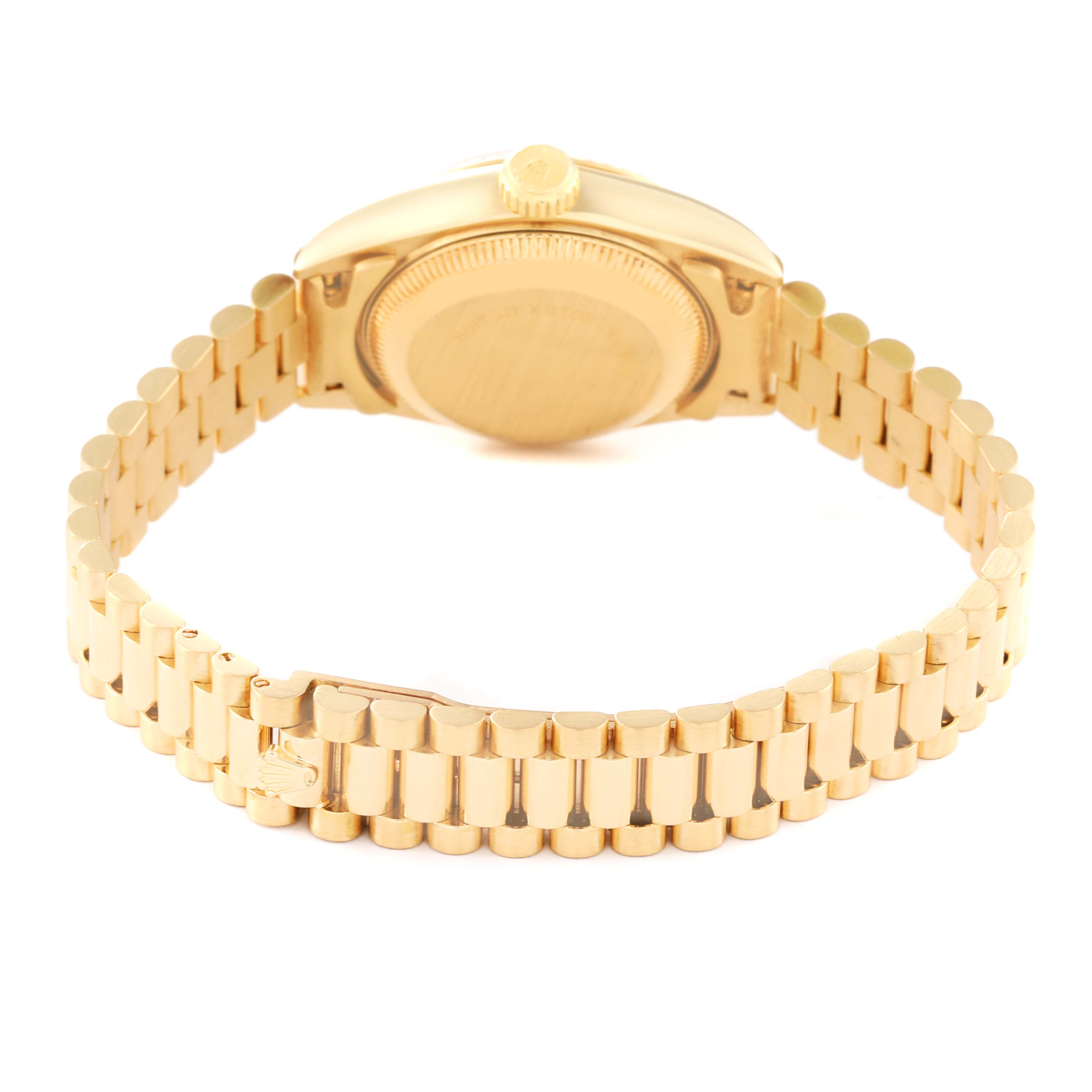 This image shows the backside and bracelet of the Rolex President 69178 Women's Yellow Gold Champagne Dial 69178 Women's Yellow Gold Champagne Dial model watch.