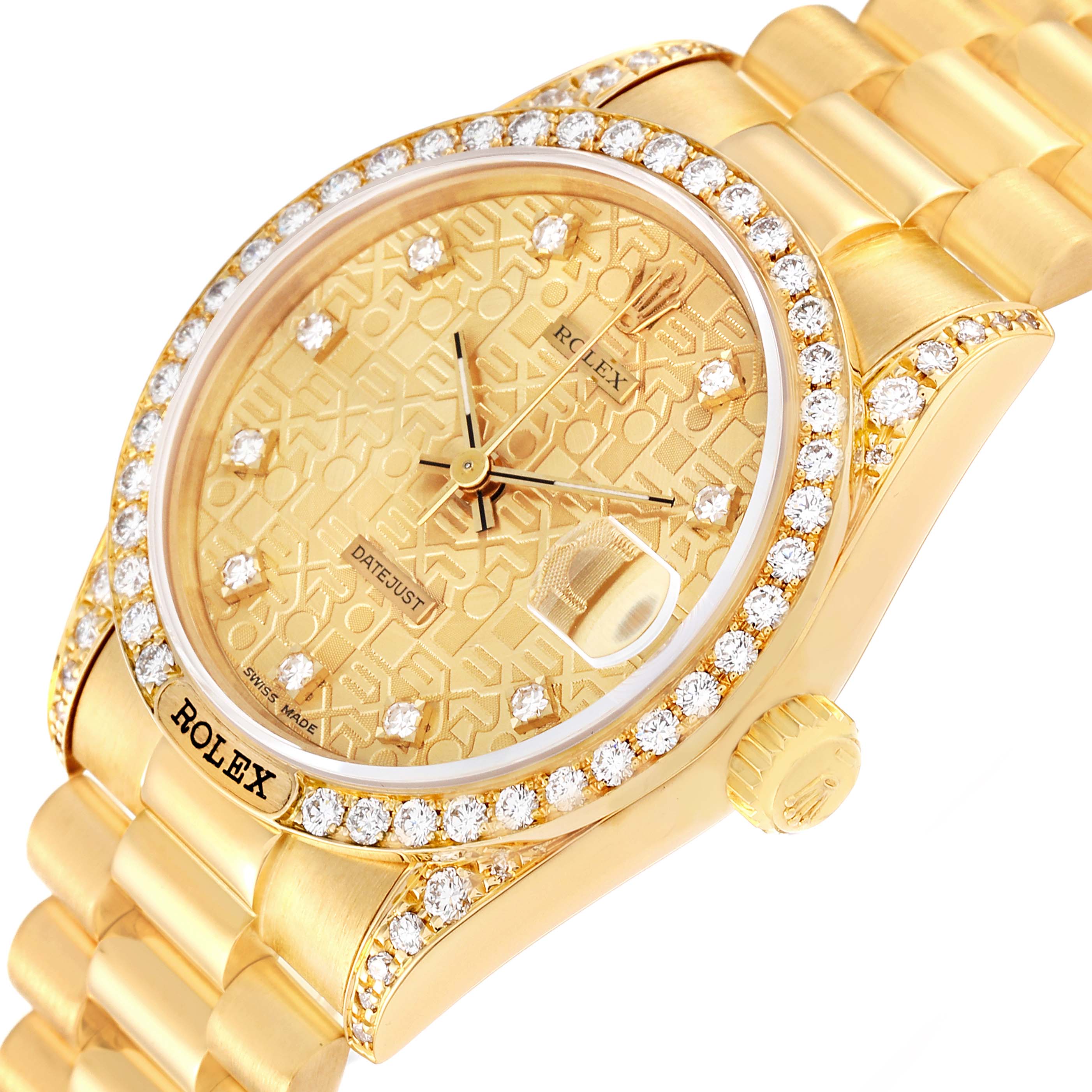 This image shows a close-up of a gold Rolex President 68158 Women
s Yellow Gold Champagne Dial 68158 Women
s Yellow Gold Champagne Dial model watch, featuring a diamond-studded bezel, dial, and a gold bracelet.