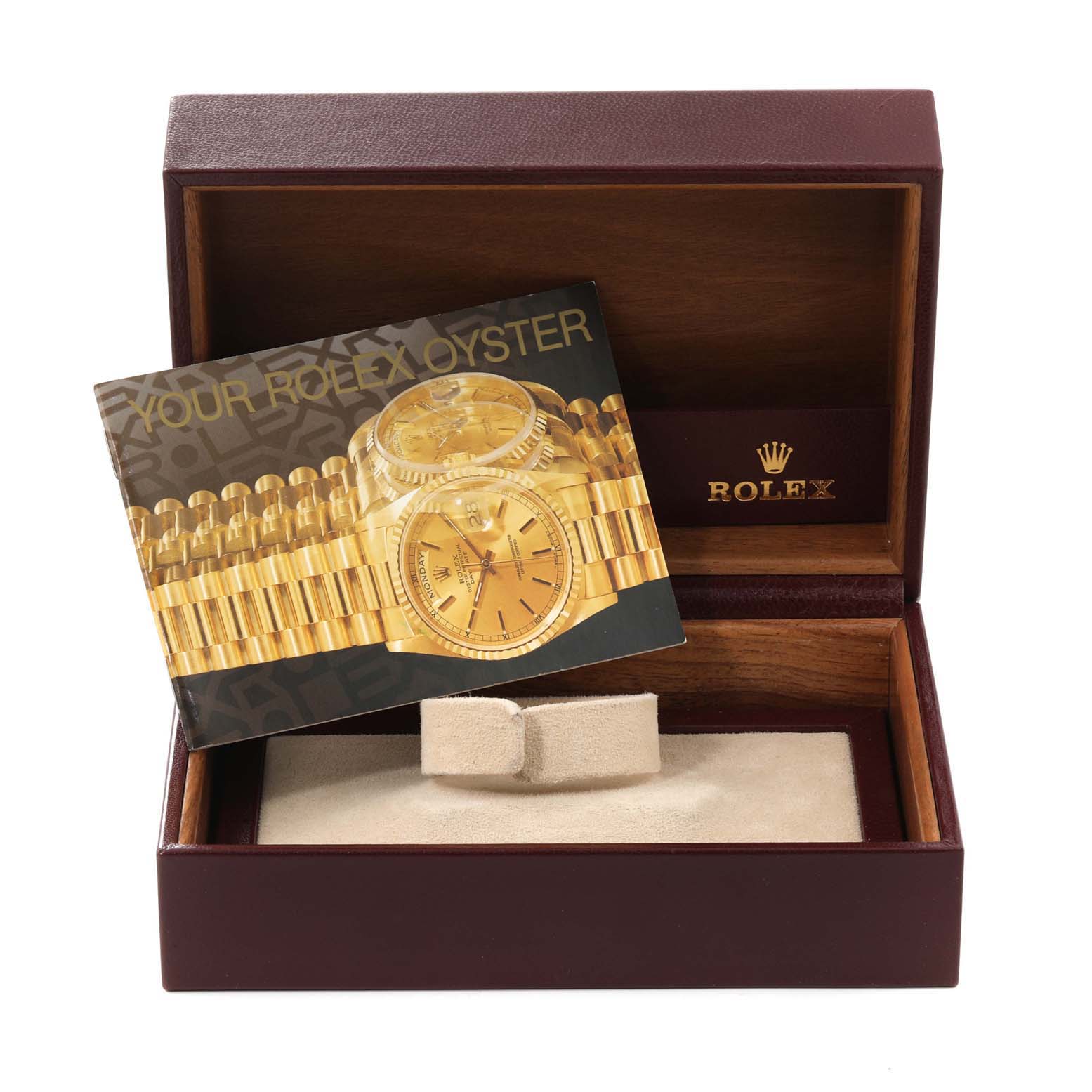 The image shows a Rolex President 68158 Women
s Yellow Gold Champagne Dial 68158 Women
s Yellow Gold Champagne Dial model watch box with a booklet inside.