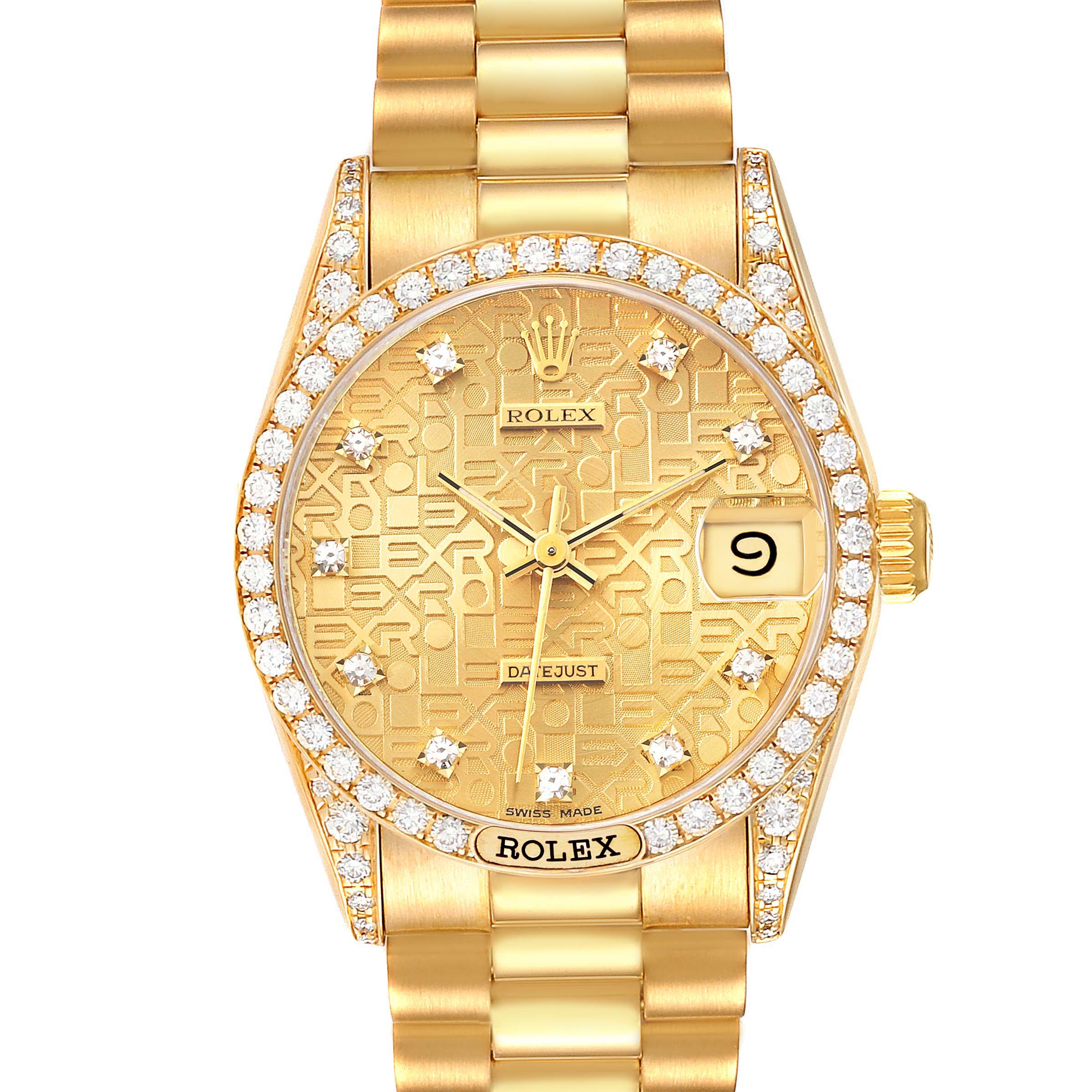 The image shows a front view of the Rolex President 68158 Women
s Yellow Gold Champagne Dial 68158 Women
s Yellow Gold Champagne Dial watch, highlighting its golden dial, bracelet, and diamond-studded bezel.