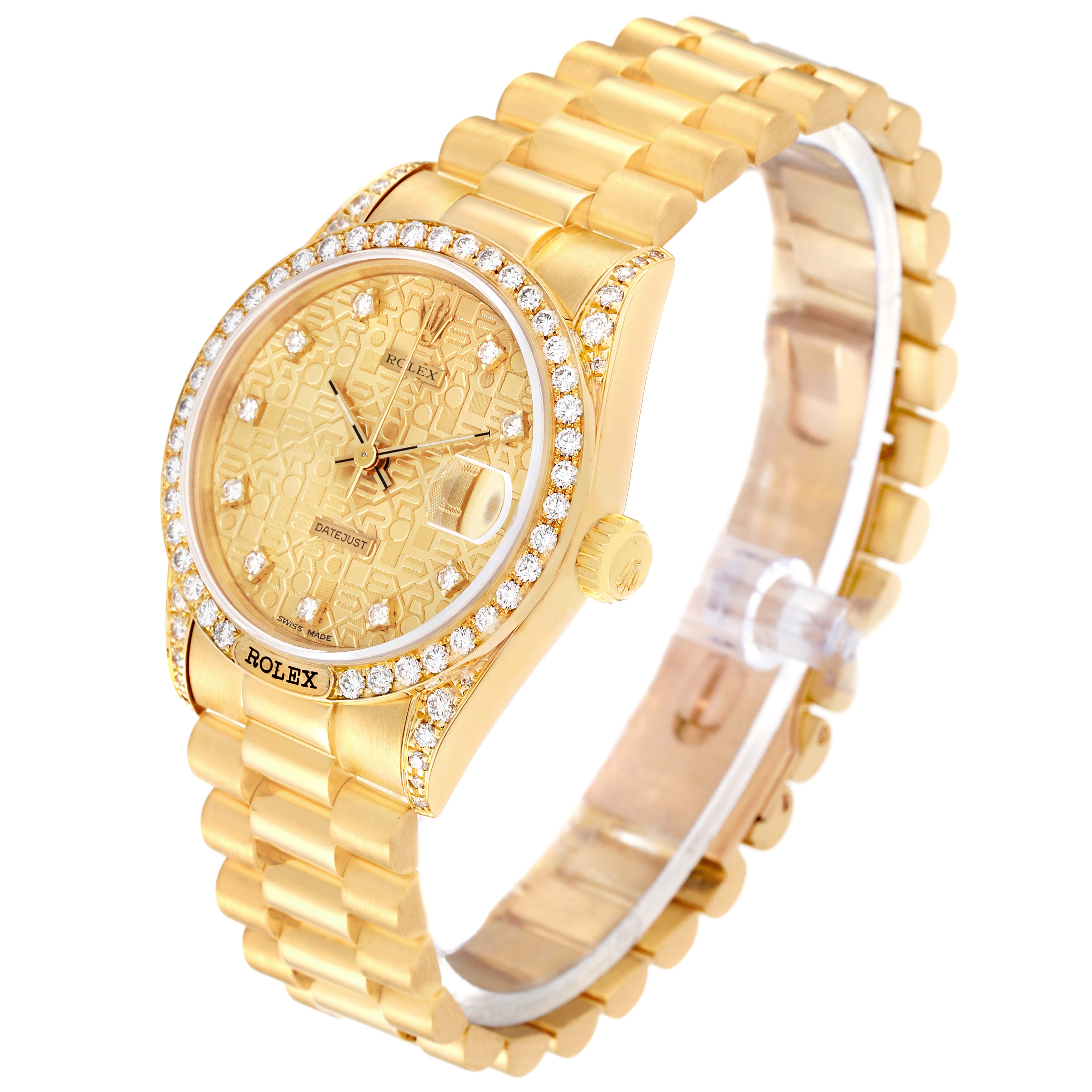 The Rolex President 68158 Women
s Yellow Gold Champagne Dial 68158 Women
s Yellow Gold Champagne Dial model watch is shown from a tilted side angle, displaying the band, dial, crown, and diamond-encrusted bezel.