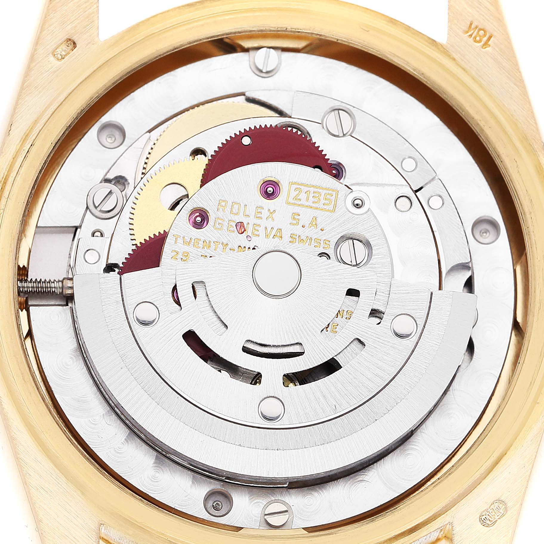 The image shows the internal mechanism of a Rolex President 68158 Women
s Yellow Gold Champagne Dial 68158 Women
s Yellow Gold Champagne Dial model watch from a top-down view.
