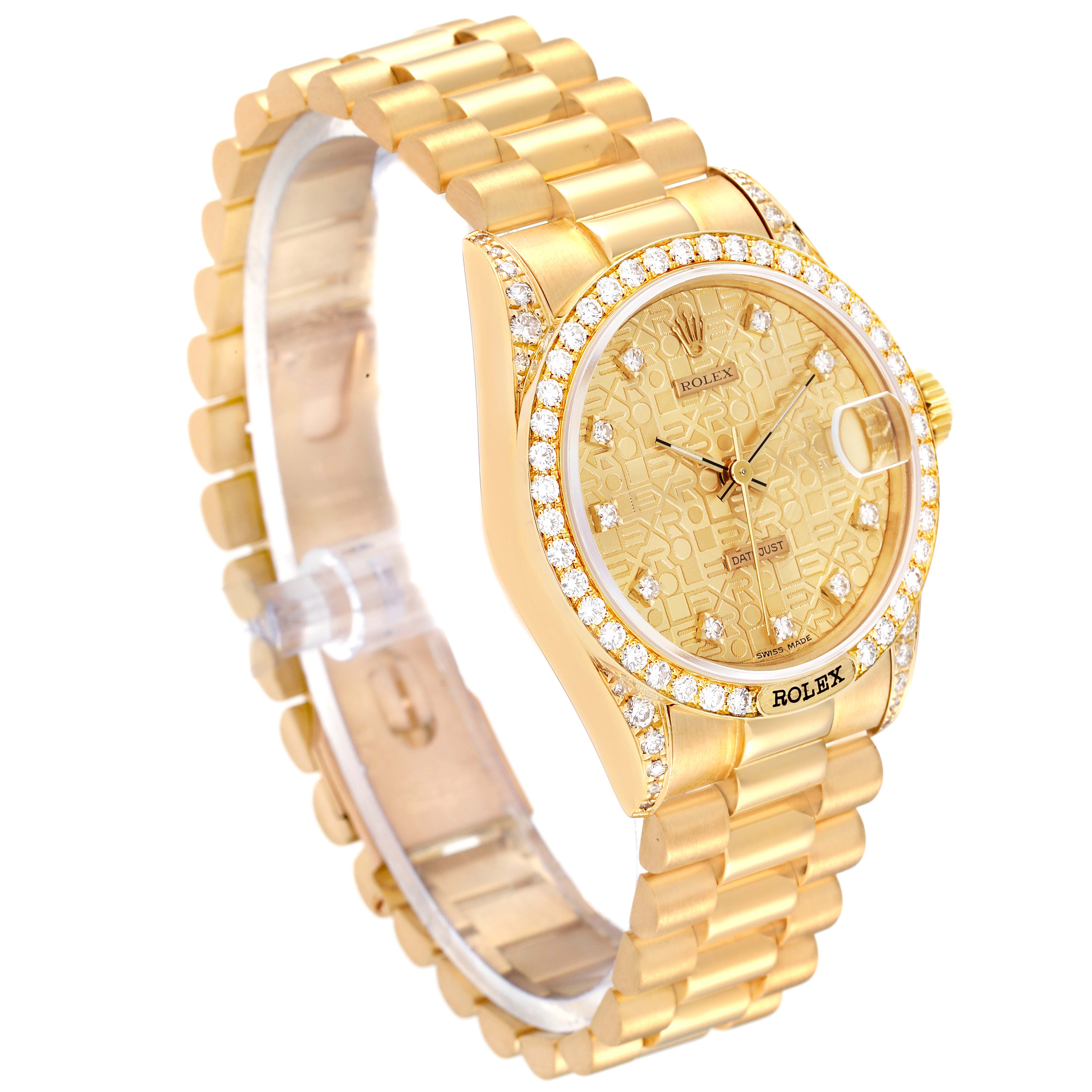 The image shows a Rolex President 68158 Women
s Yellow Gold Champagne Dial 68158 Women
s Yellow Gold Champagne Dial model watch at an angle that highlights the bezel, dial, and bracelet.