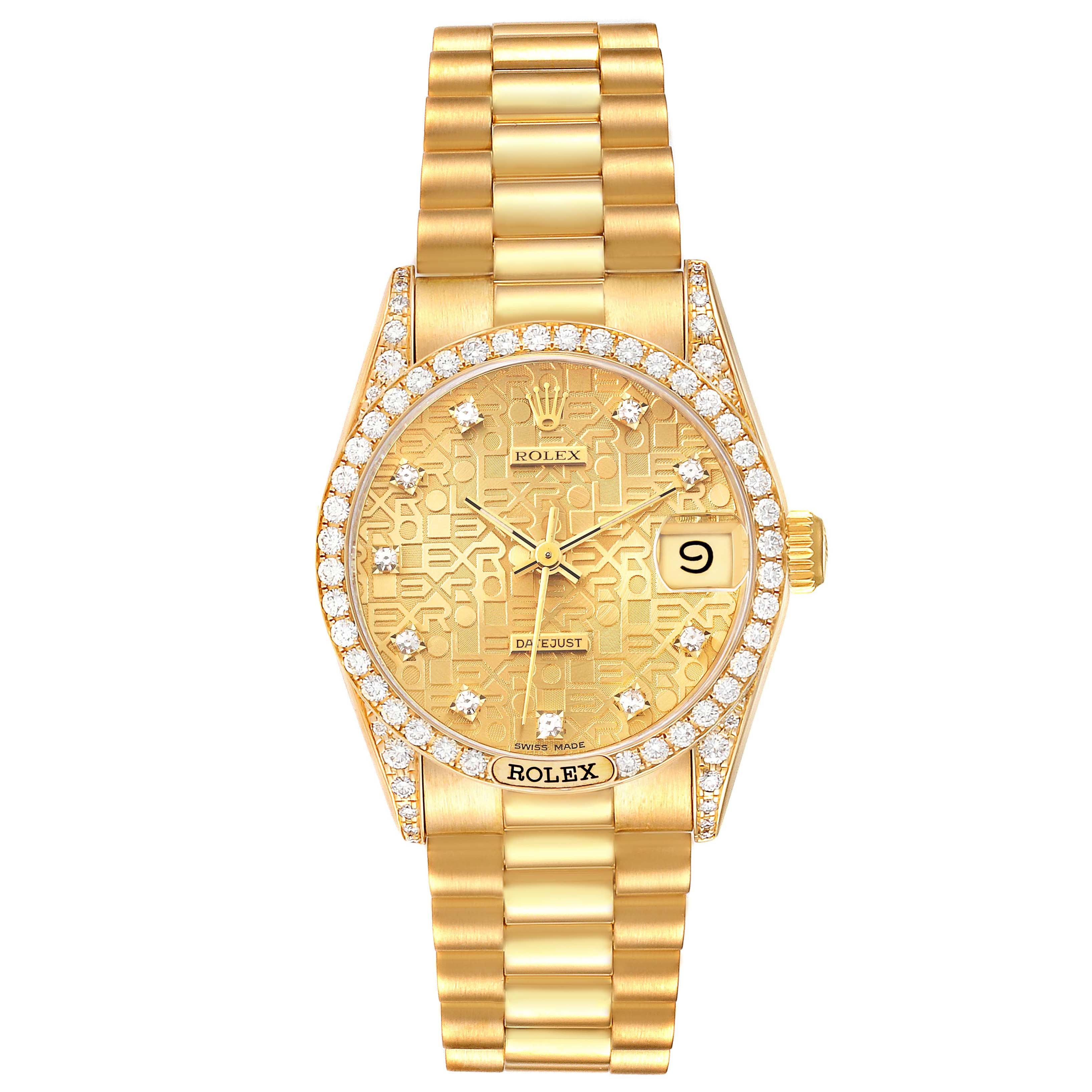 This is a frontal view of the Rolex President 68158 Women
s Yellow Gold Champagne Dial 68158 Women
s Yellow Gold Champagne Dial model watch, displaying the gold case, bracelet, diamond markers, and date window.
