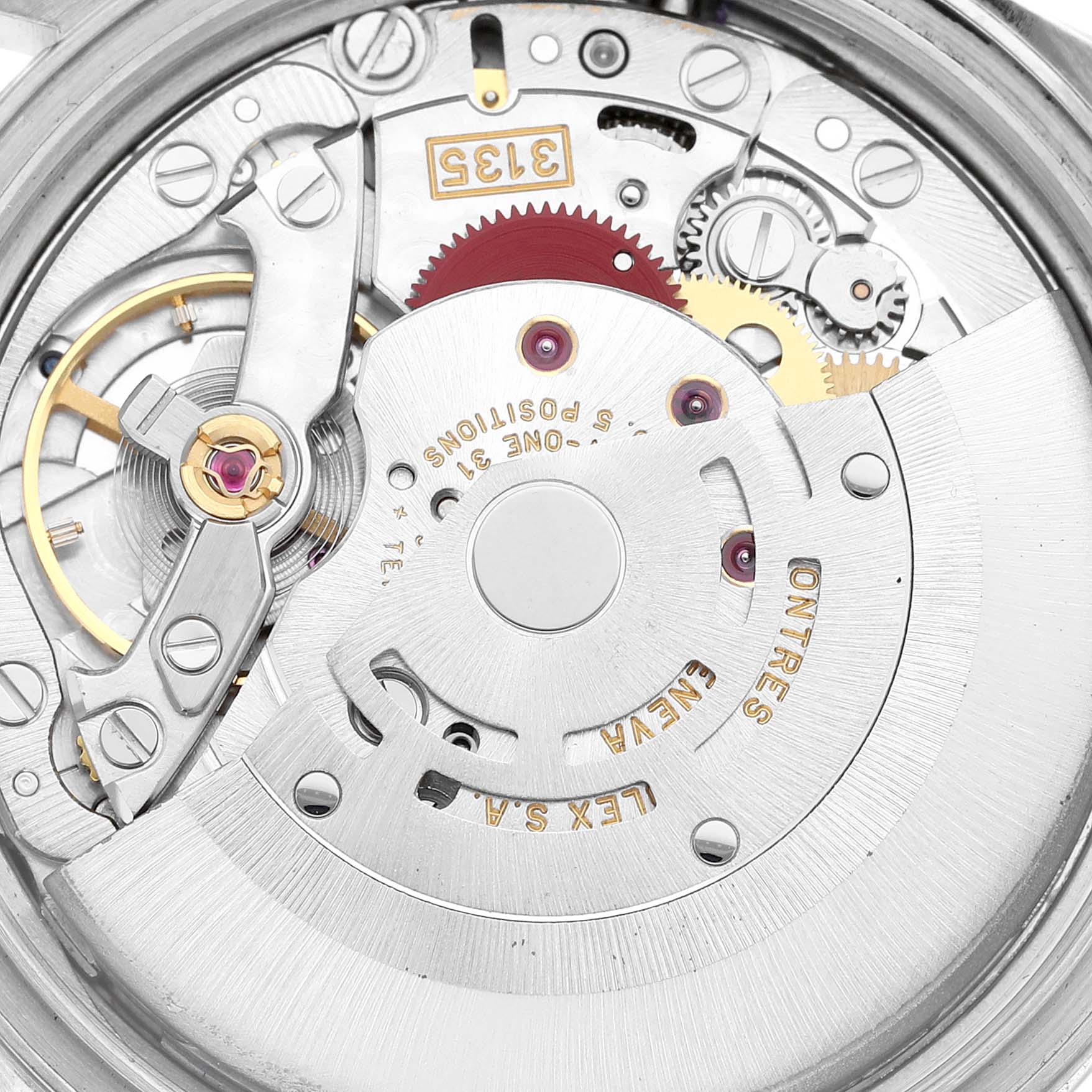 The image shows a close-up of the Rolex Datejust 16234 Men's Stainless Steel Silver Dial 16234 Men's Stainless Steel Silver Dial's movement, including the oscillating weight, gears, and intricate components.