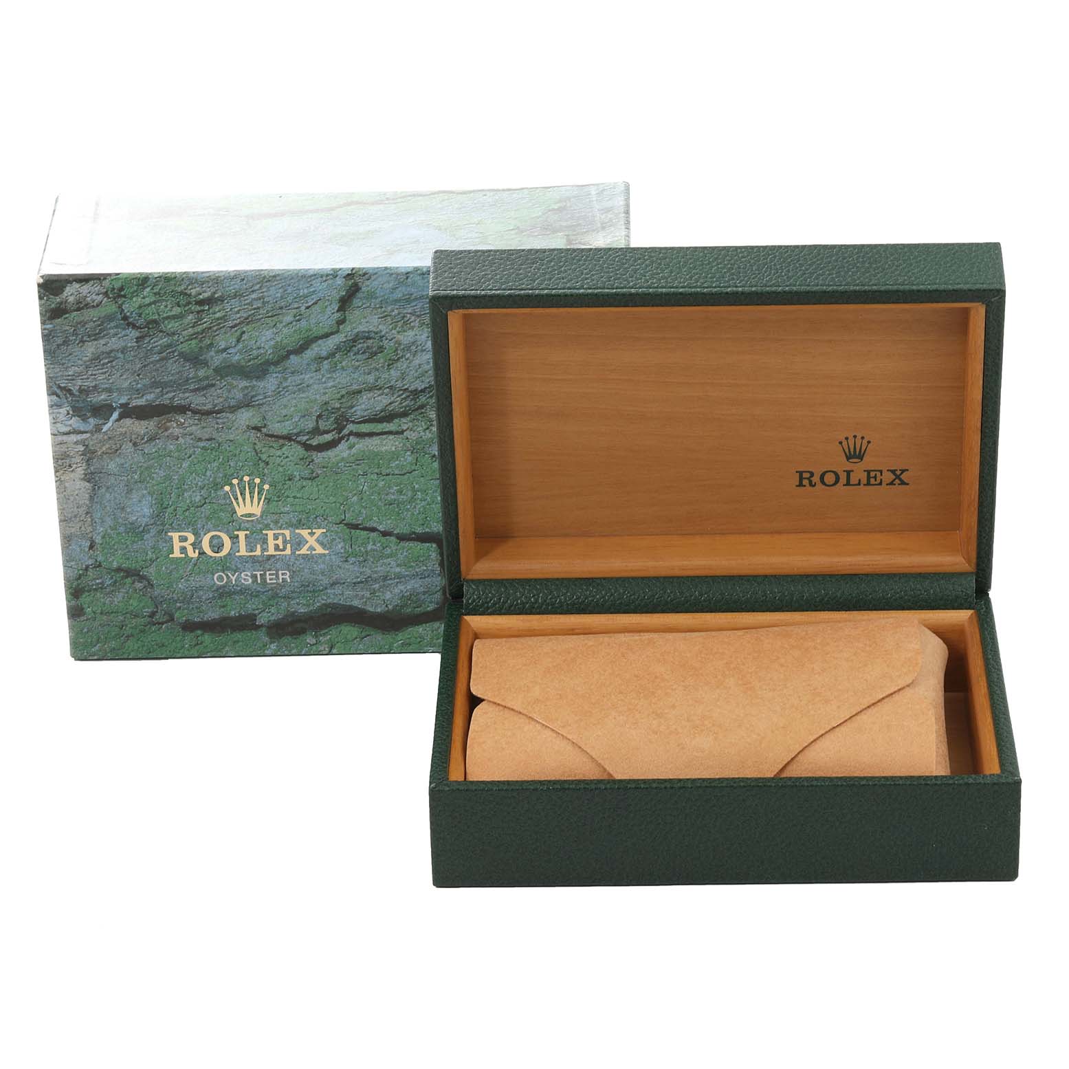 The image shows a Rolex Datejust 16234 Men's Stainless Steel Silver Dial 16234 Men's Stainless Steel Silver Dial watch box and a leather pouch inside, with the lid open, displaying the Rolex logo.