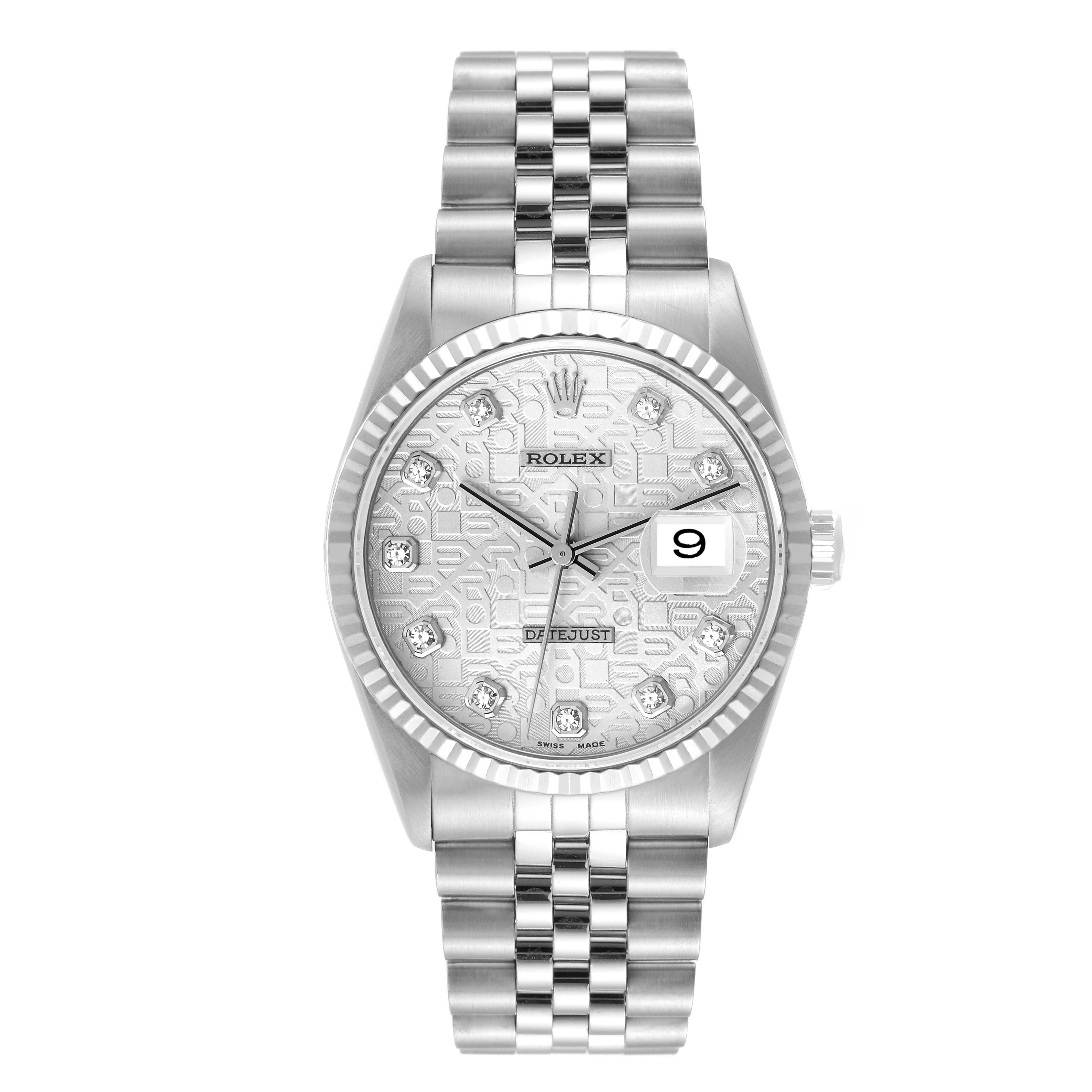 The Rolex Datejust 16234 Men's Stainless Steel Silver Dial 16234 Men's Stainless Steel Silver Dial watch is shown from a straight-on angle, displaying its bezel, dial, hands, date window, and bracelet.