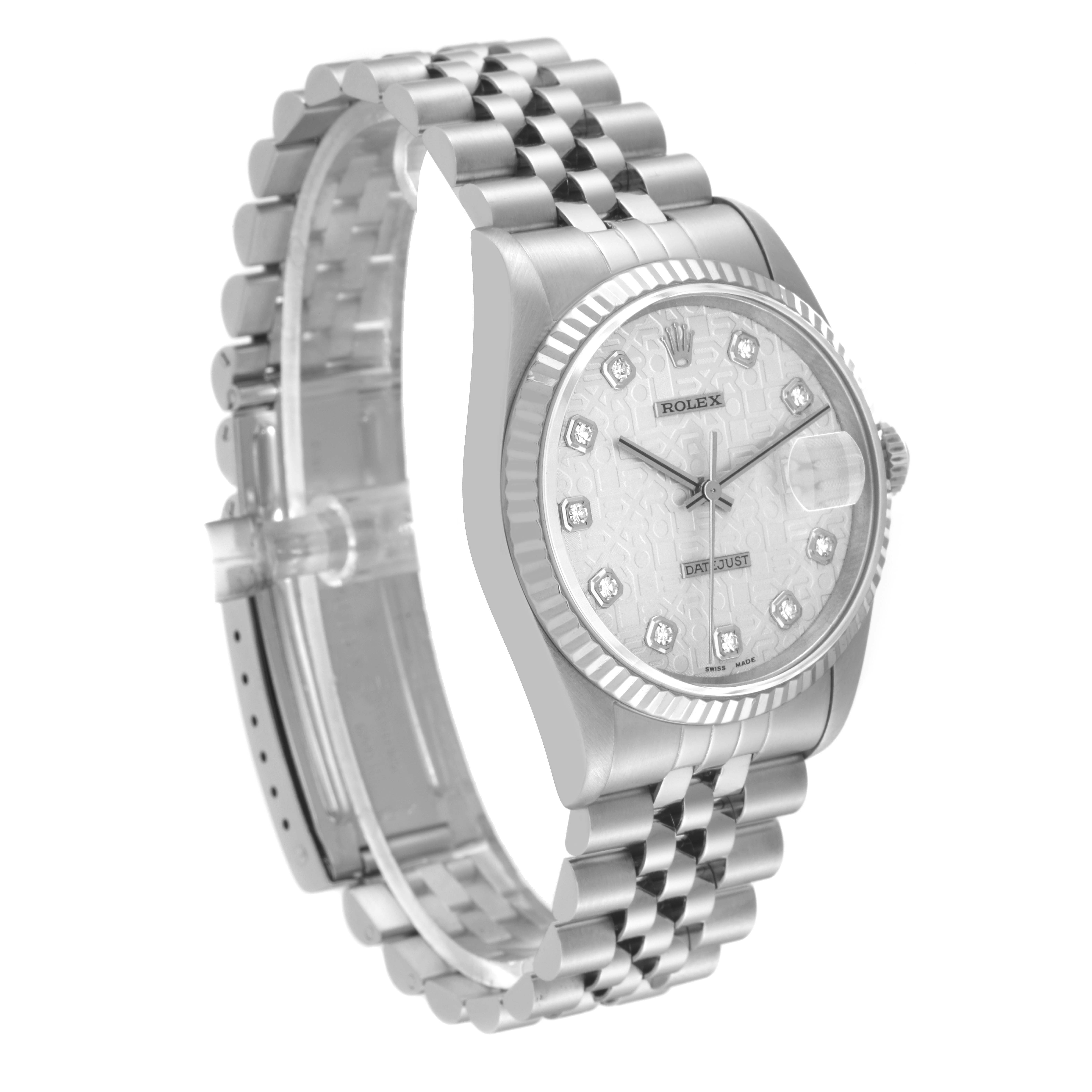 The image shows a side angle of the Rolex Datejust 16234 Men's Stainless Steel Silver Dial 16234 Men's Stainless Steel Silver Dial watch, highlighting its dial, bezel, and bracelet.