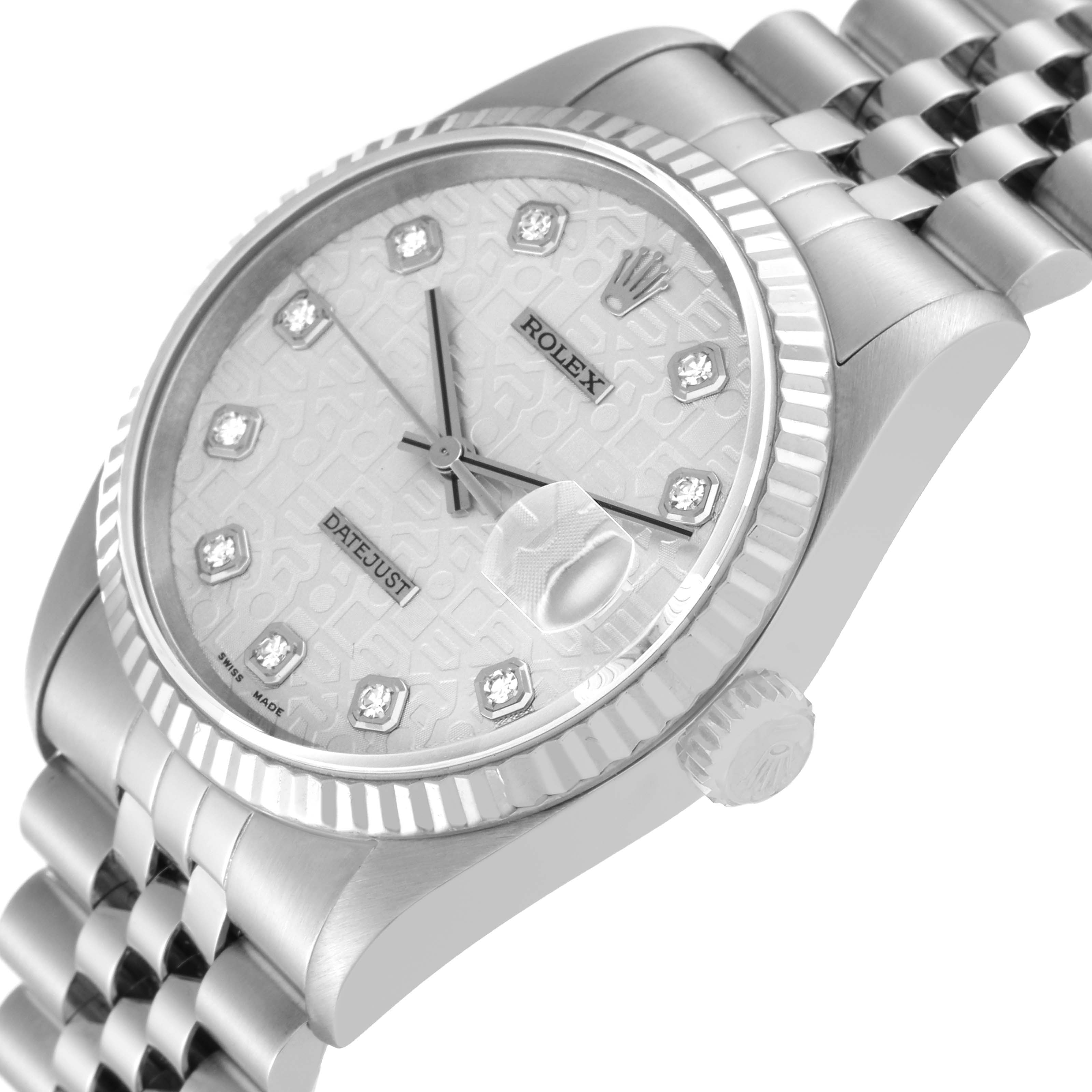 The Rolex Datejust 16234 Men's Stainless Steel Silver Dial 16234 Men's Stainless Steel Silver Dial watch is shown at an oblique angle, highlighting its face, crown, and part of its bracelet.