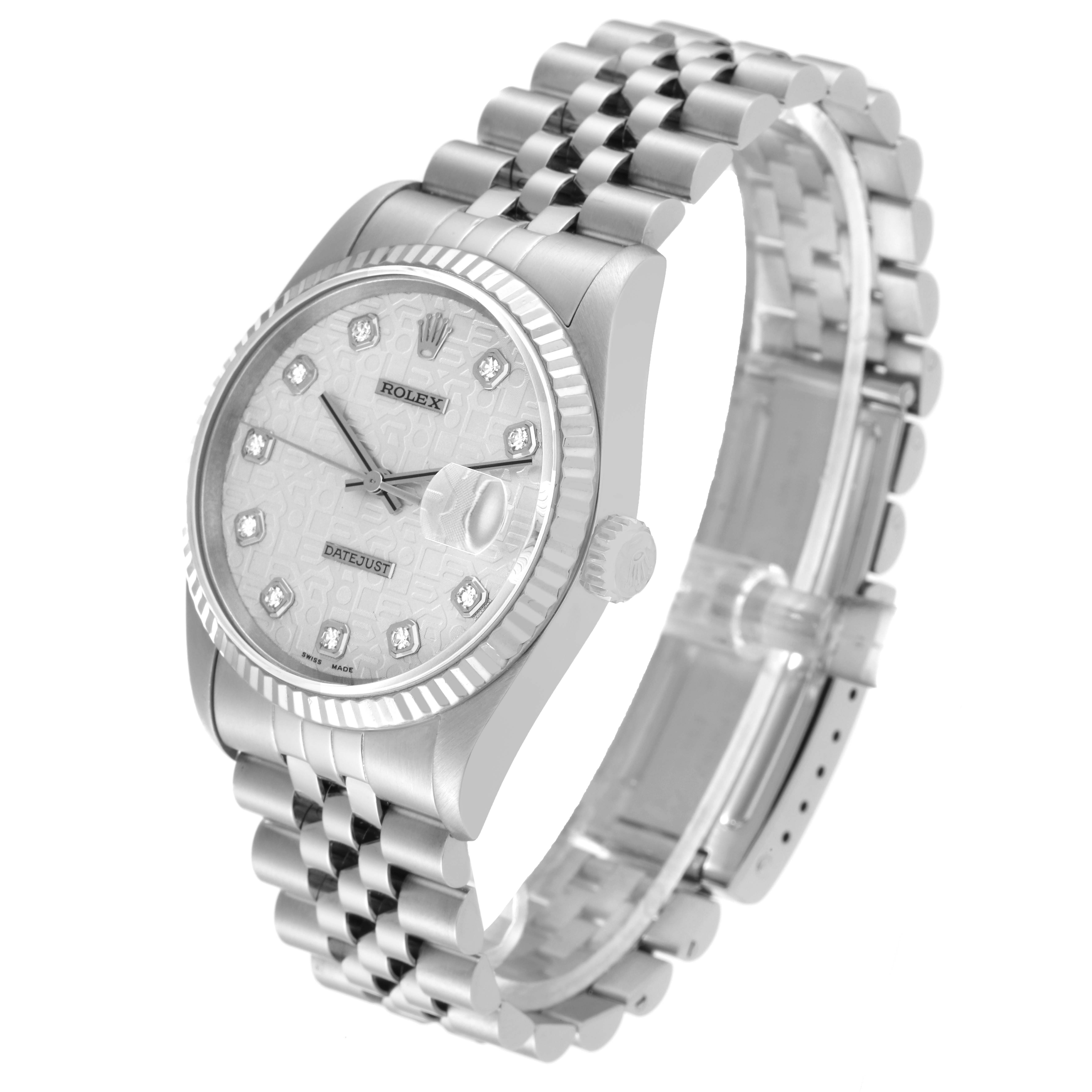 This image shows a Rolex Datejust 16234 Men's Stainless Steel Silver Dial 16234 Men's Stainless Steel Silver Dial watch from a top-front angled view, featuring its bracelet and face with date display.