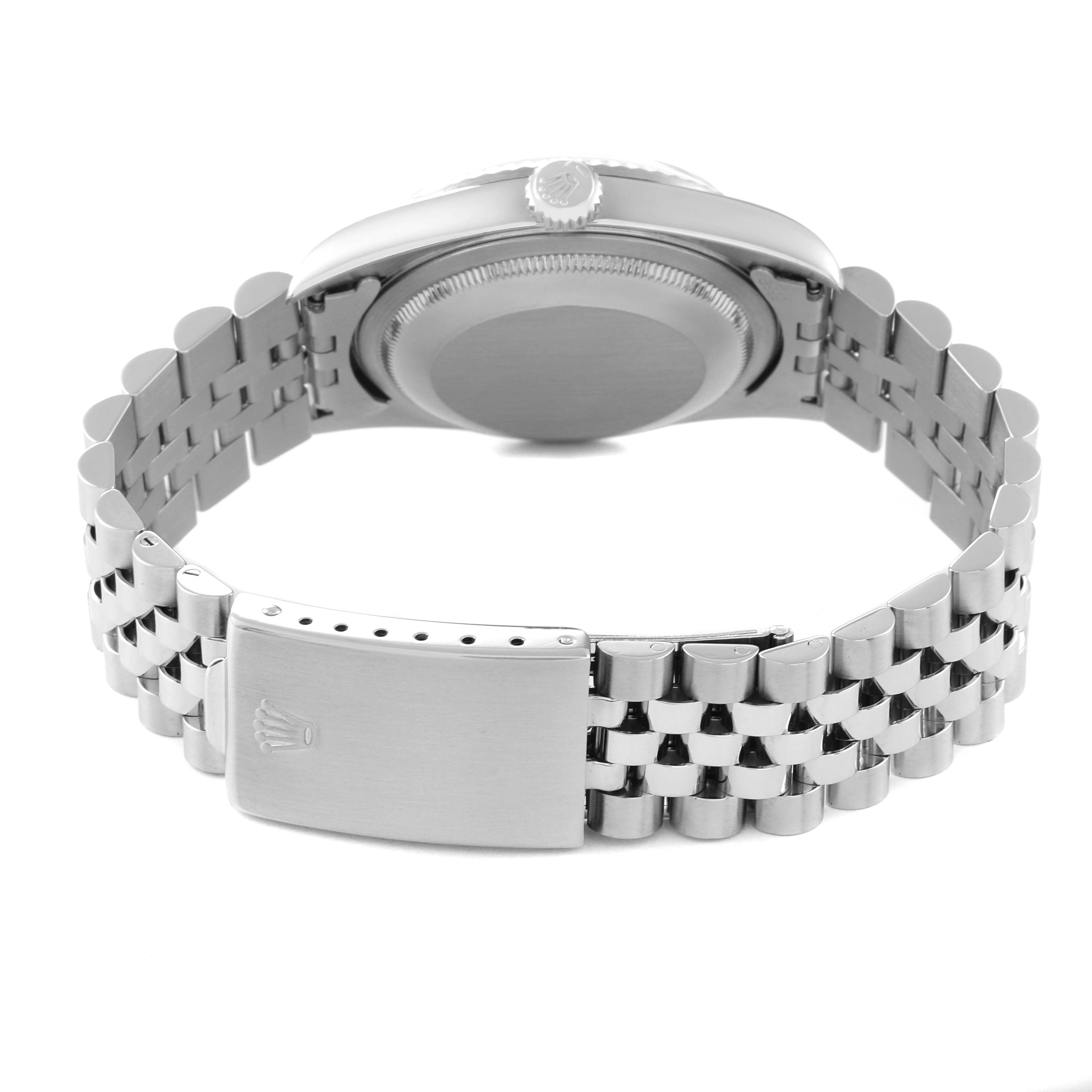 The image shows the back and clasp of a Rolex Datejust 16234 Men's Stainless Steel Silver Dial 16234 Men's Stainless Steel Silver Dial watch, emphasizing its bracelet and case back.