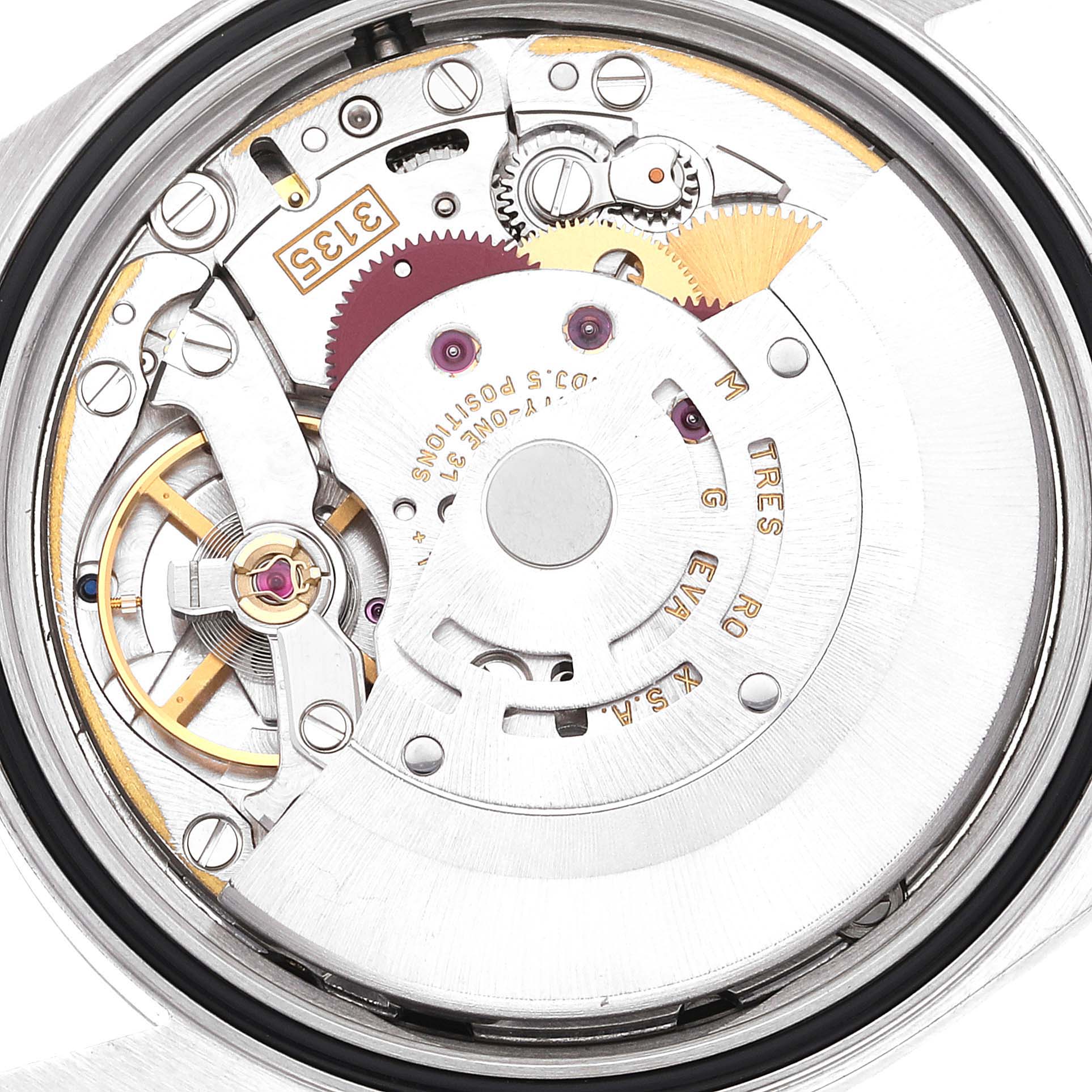 This image shows the internal mechanism of a Rolex Datejust 16234 Men's Stainless Steel Black Dial 16234 Men's Stainless Steel Black Dial watch from a close-up angle.