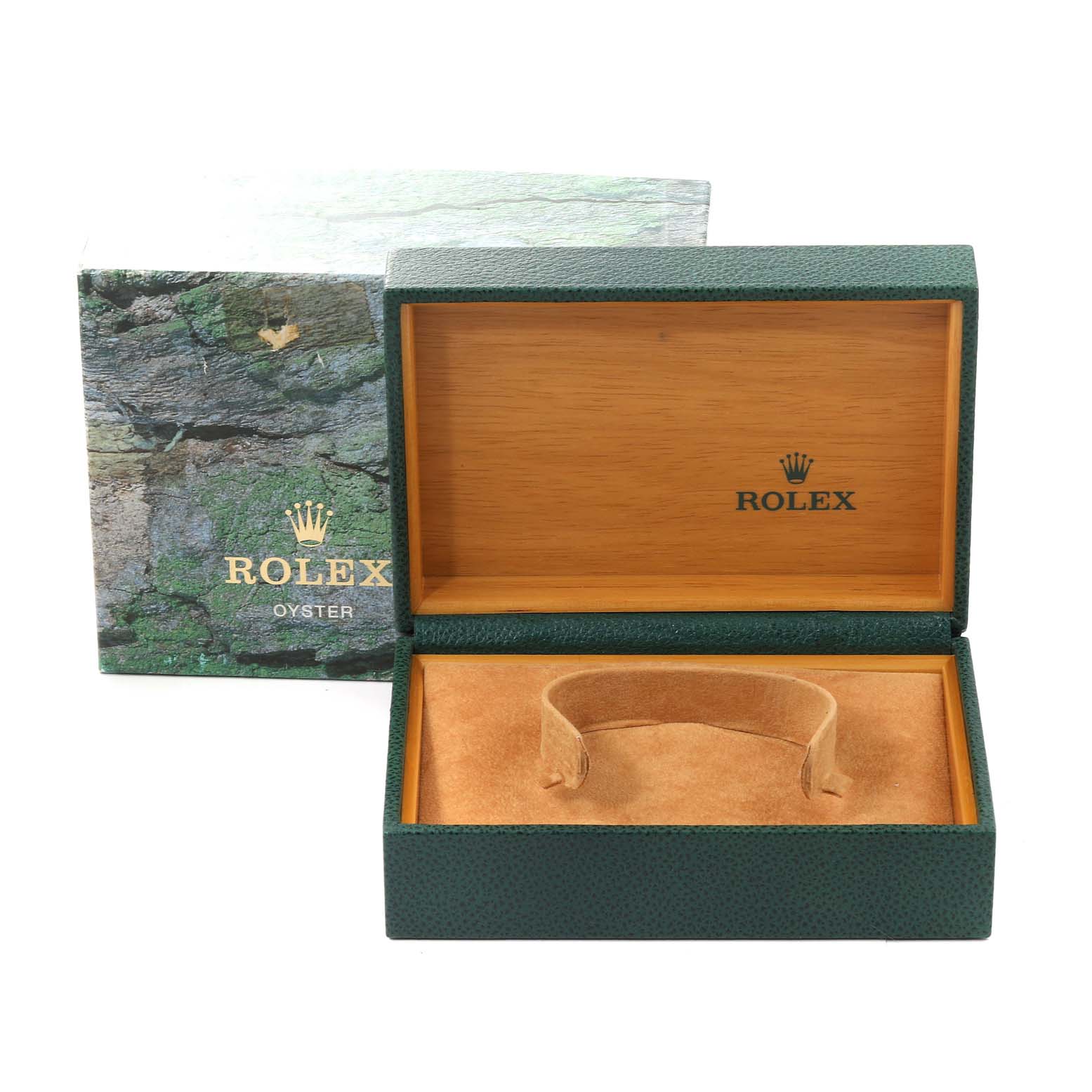 The image shows an open Rolex Datejust 16234 Men's Stainless Steel Black Dial 16234 Men's Stainless Steel Black Dial watch box with a cushioned interior and green leather exterior, with its outer packaging visible.