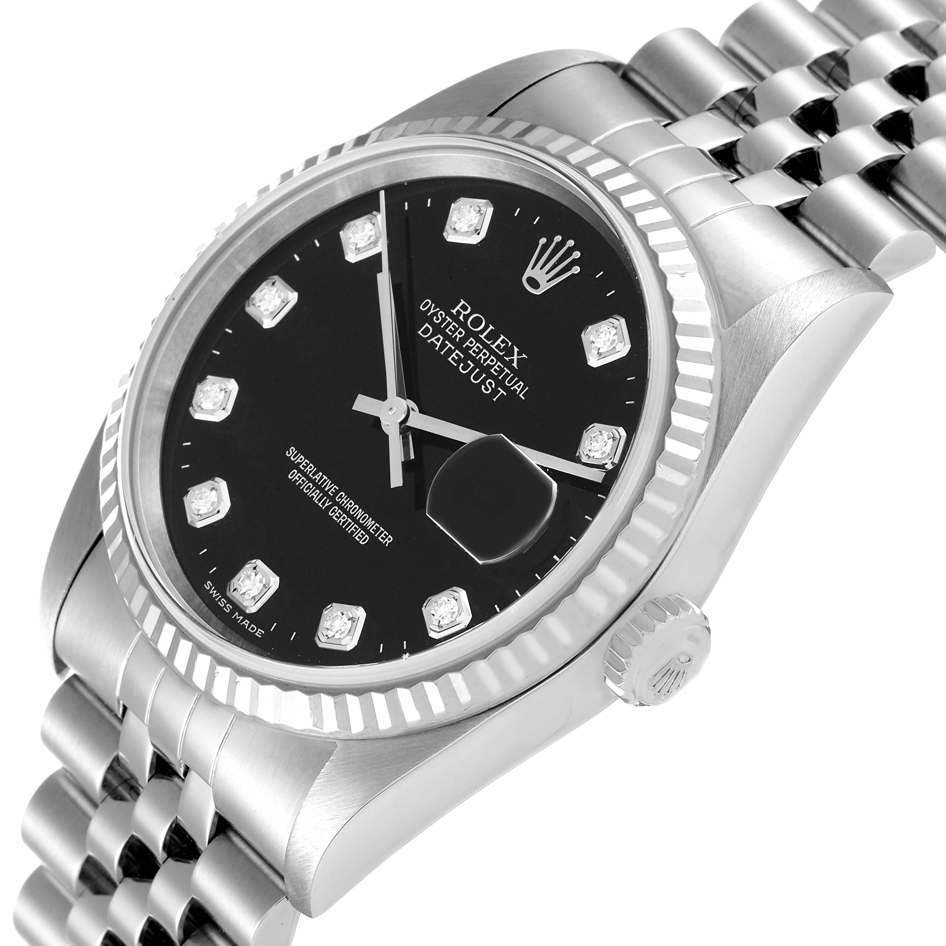 The image shows a Rolex Datejust 16234 Men's Stainless Steel Black Dial 16234 Men's Stainless Steel Black Dial watch at an angled close-up, highlighting its face, bezel, and part of the bracelet.