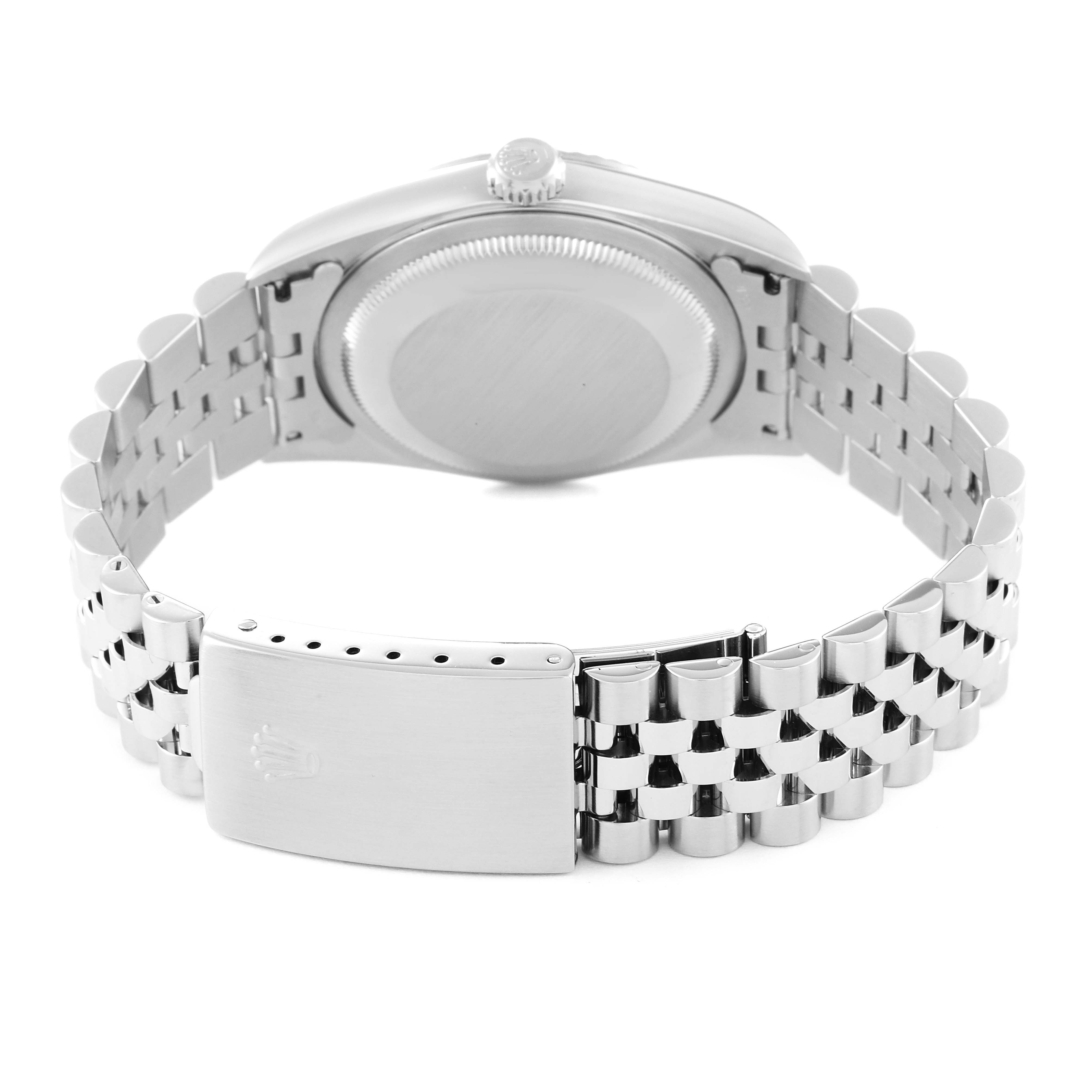 The image shows the backside of a Rolex Datejust 16234 Men's Stainless Steel Black Dial 16234 Men's Stainless Steel Black Dial watch, highlighting the case back, crown, and bracelet clasp.