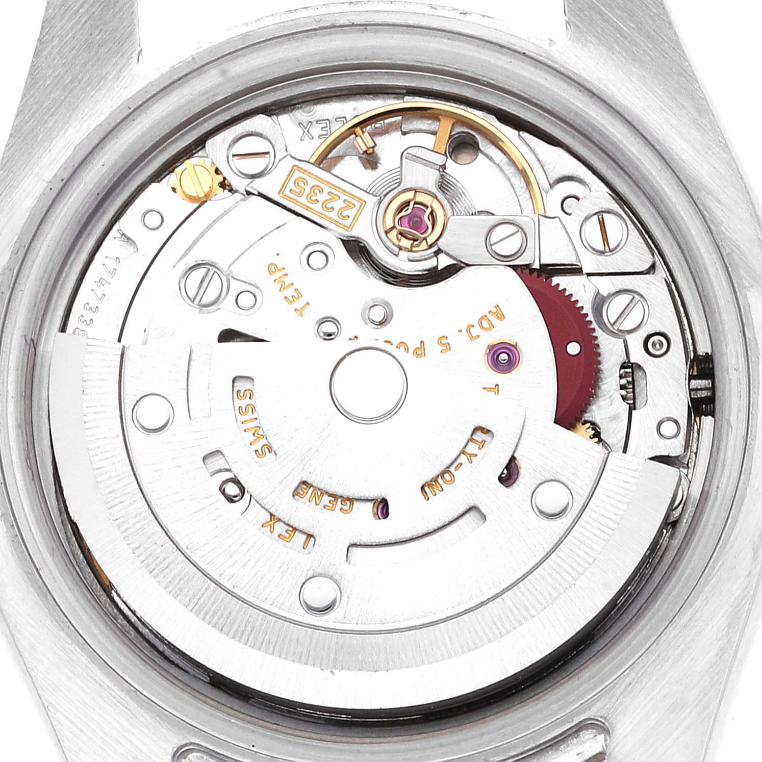 The image shows a close-up view of the internal movement mechanism of a Rolex Datejust 179174 Women's Stainless Steel Mother of Pearl Dial 179174 Women's Stainless Steel Mother of Pearl Dial watch.
